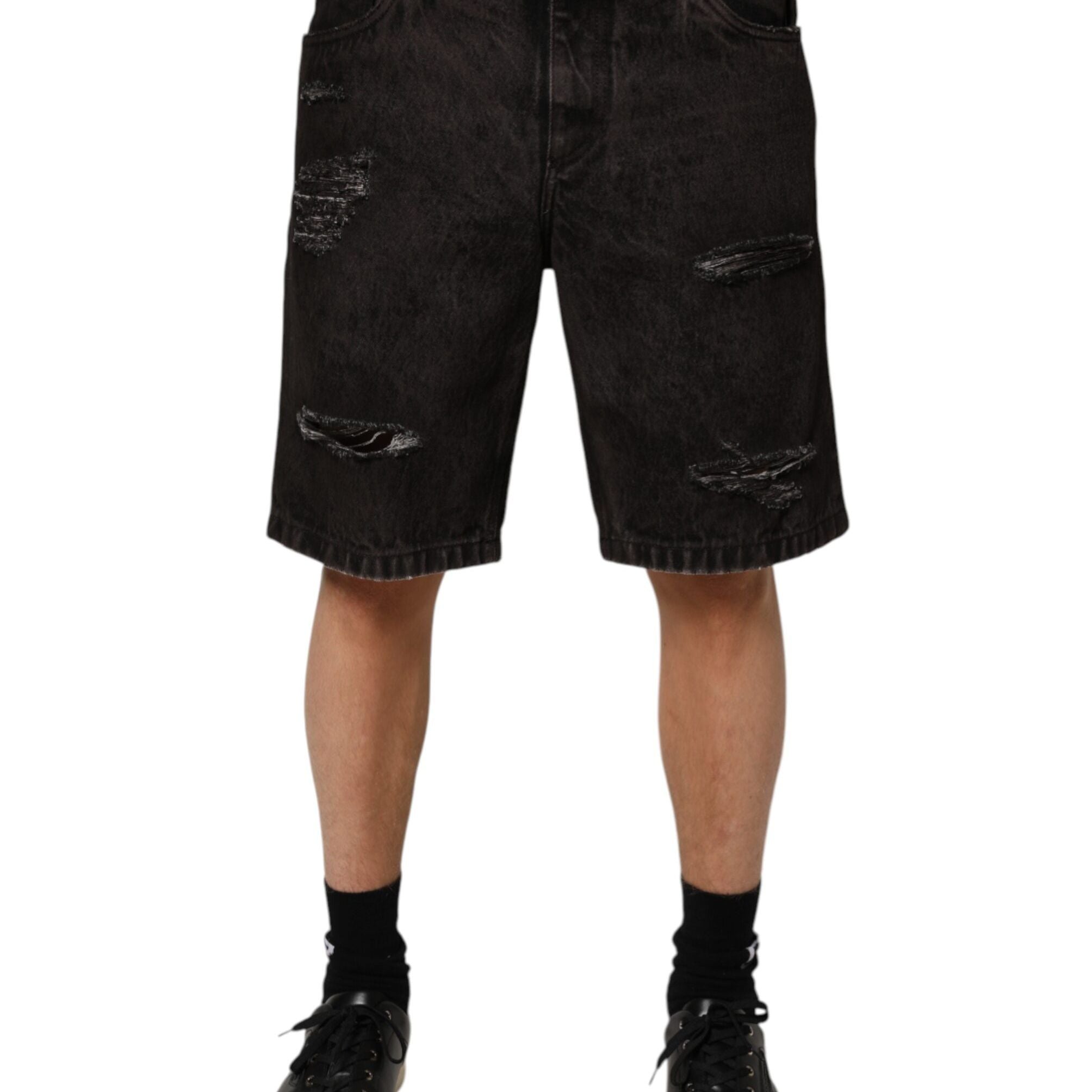 Dolce & Gabbana Black Cotton Tattered Denim Men Bermuda Short
