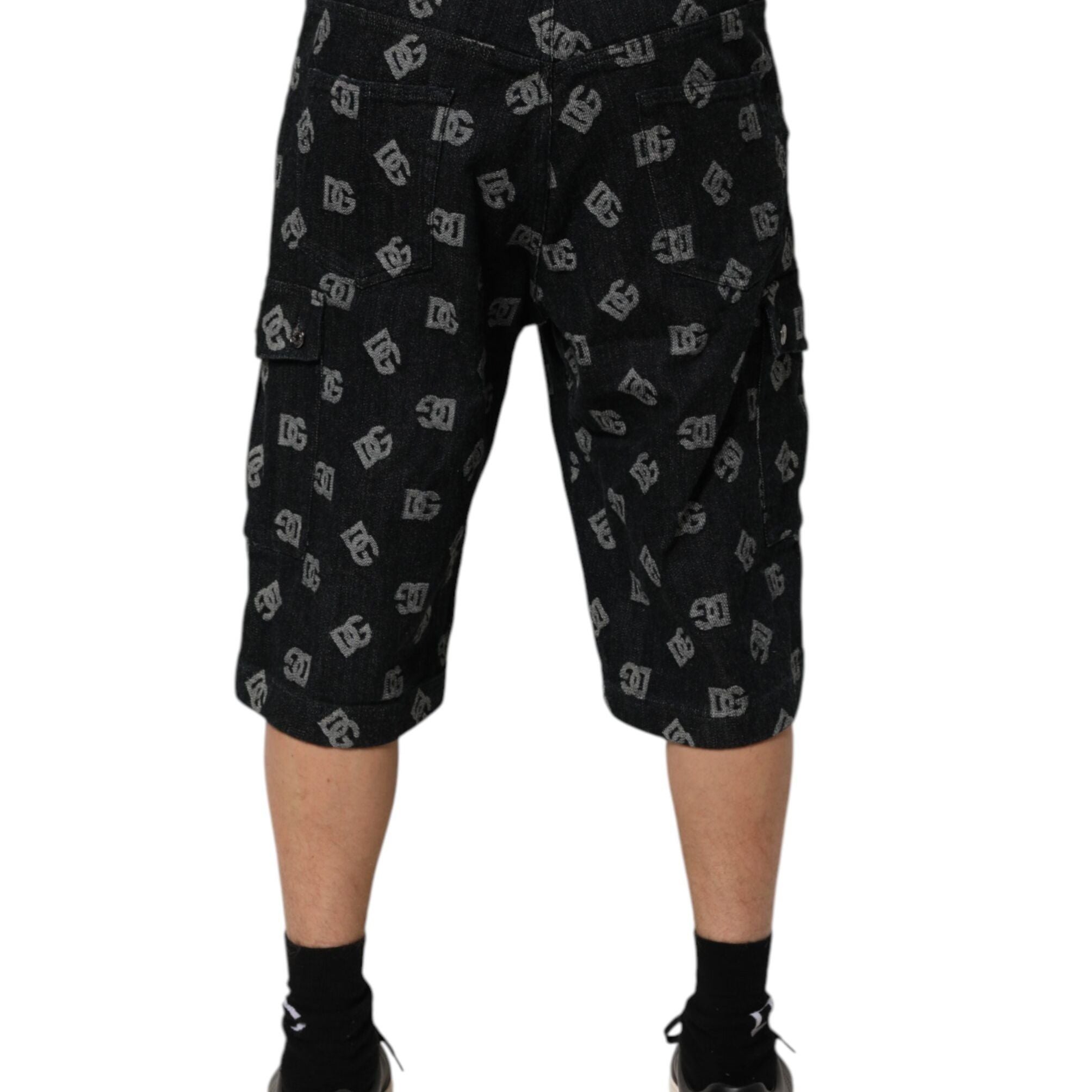 Dolce & Gabbana Black Monogram Denim Cargo Men Bermuda Short