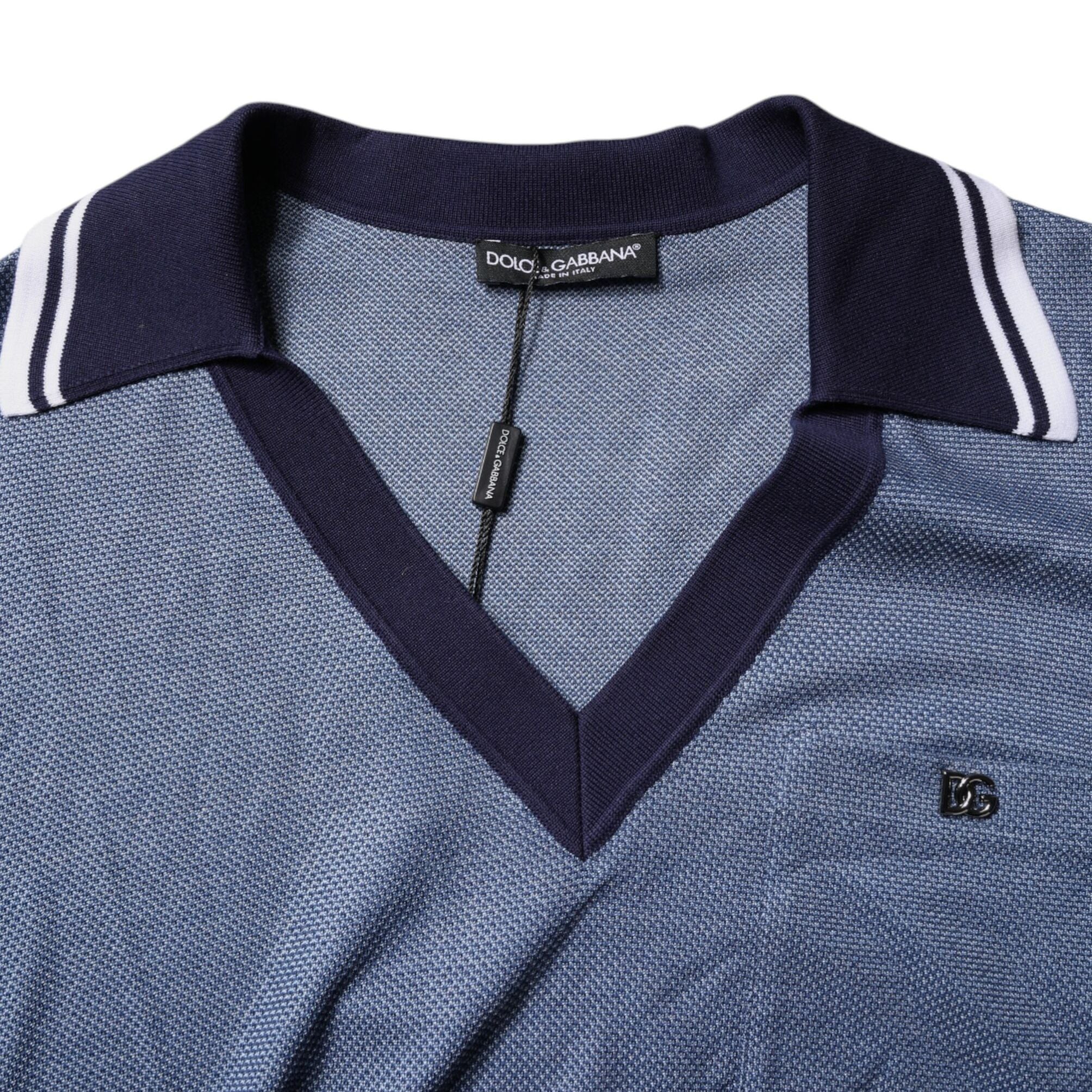 Dolce & Gabbana Blue Collared V-neck Silk Blend Polo T-shirt