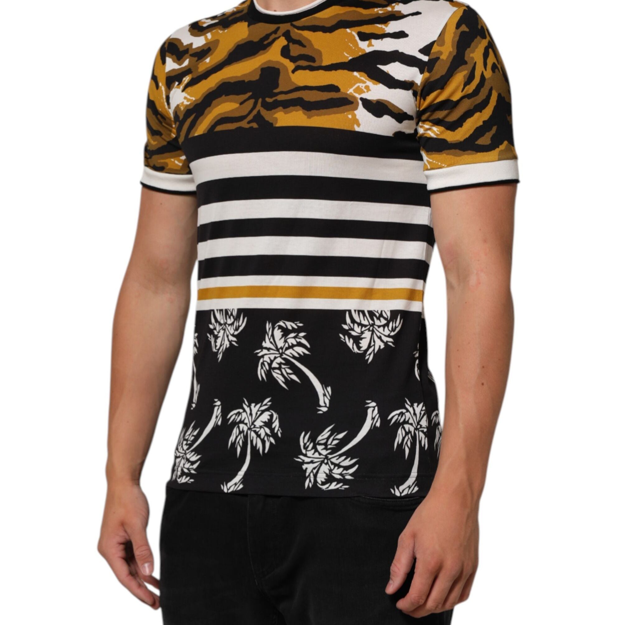 Dolce & Gabbana Multicolor Leopard Palm Leaf Men Crew Neck T-shirt