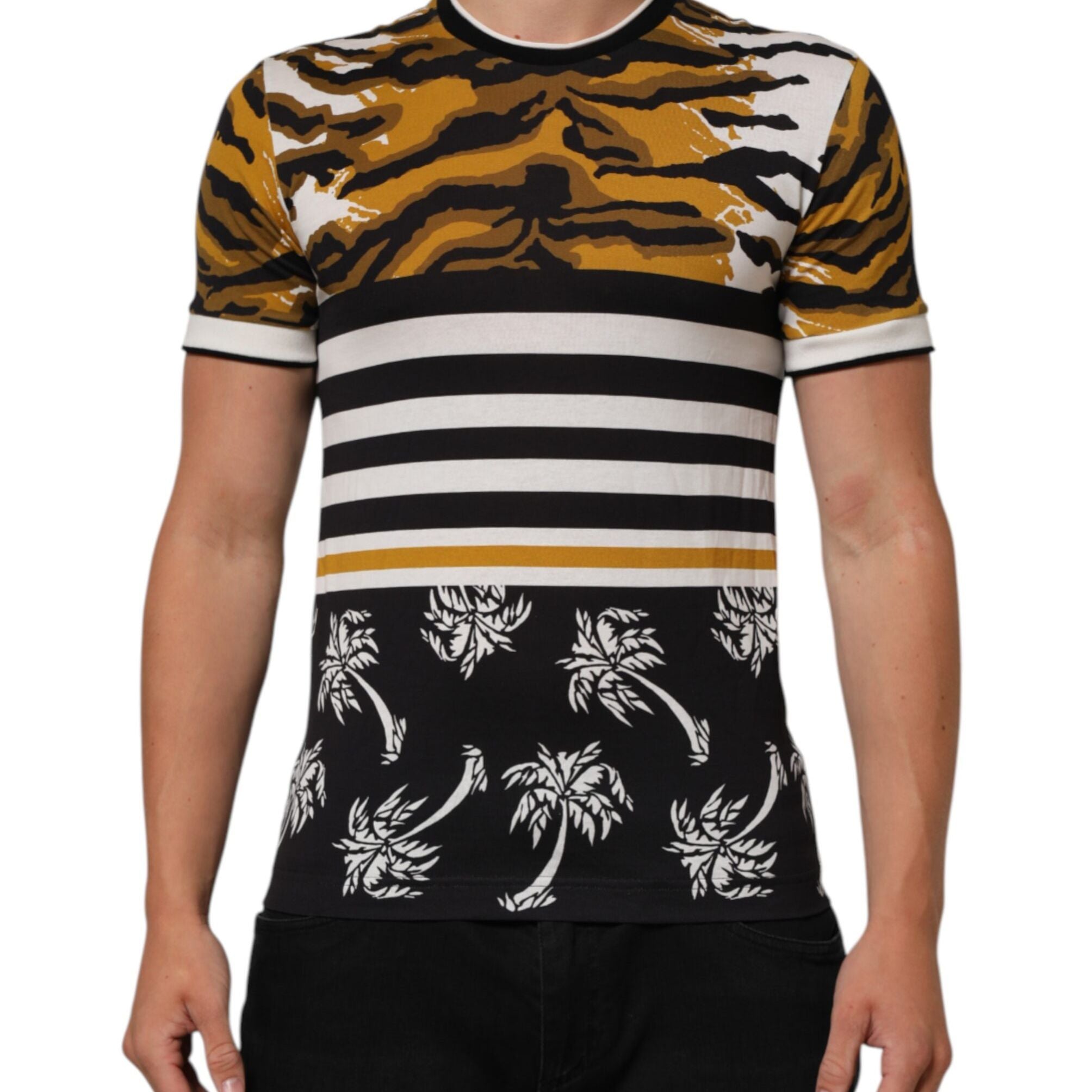 Dolce & Gabbana Multicolor Leopard Palm Leaf Men Crew Neck T-shirt