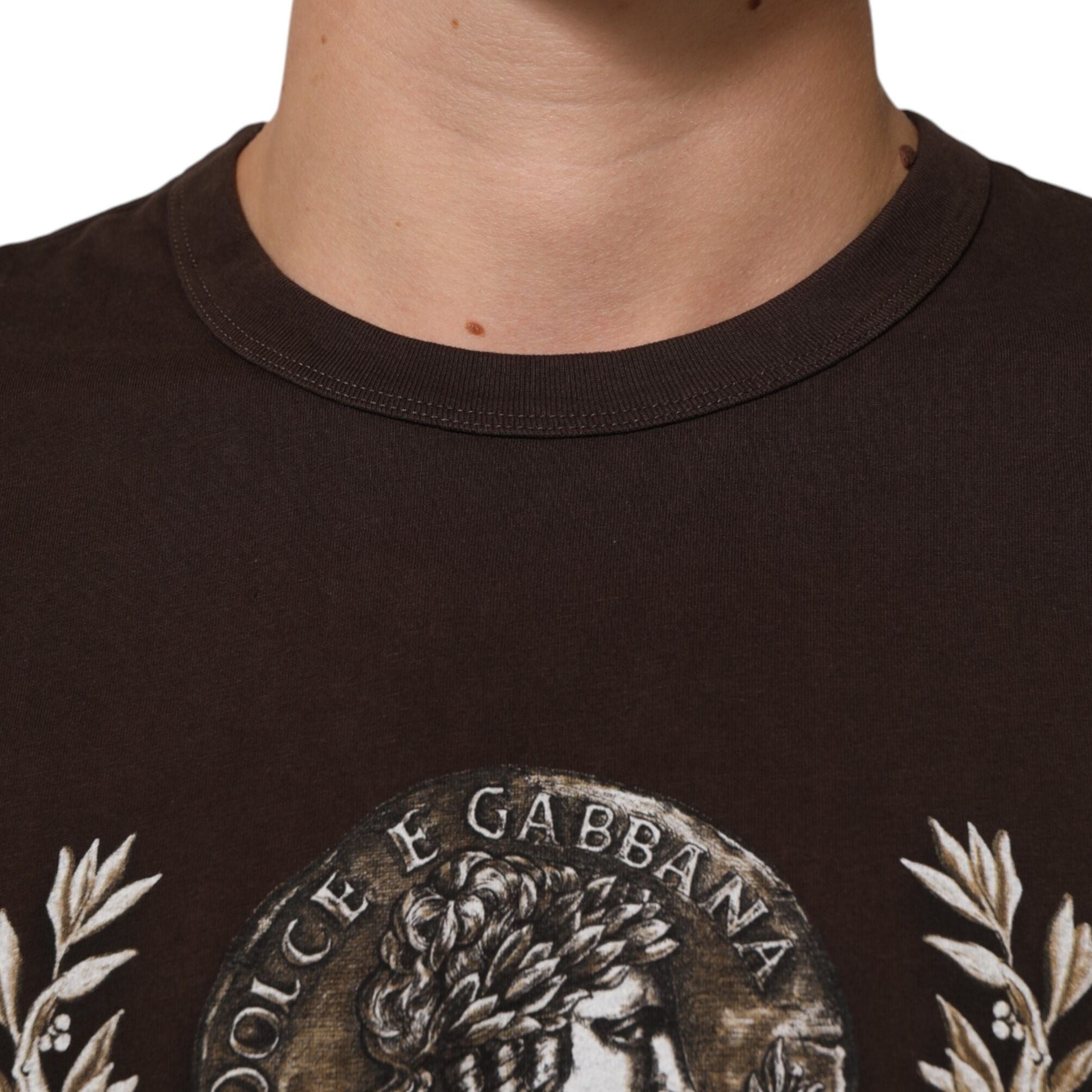 Dolce & Gabbana Brown Coin Laurel Print Men Crew Neck T-shirt