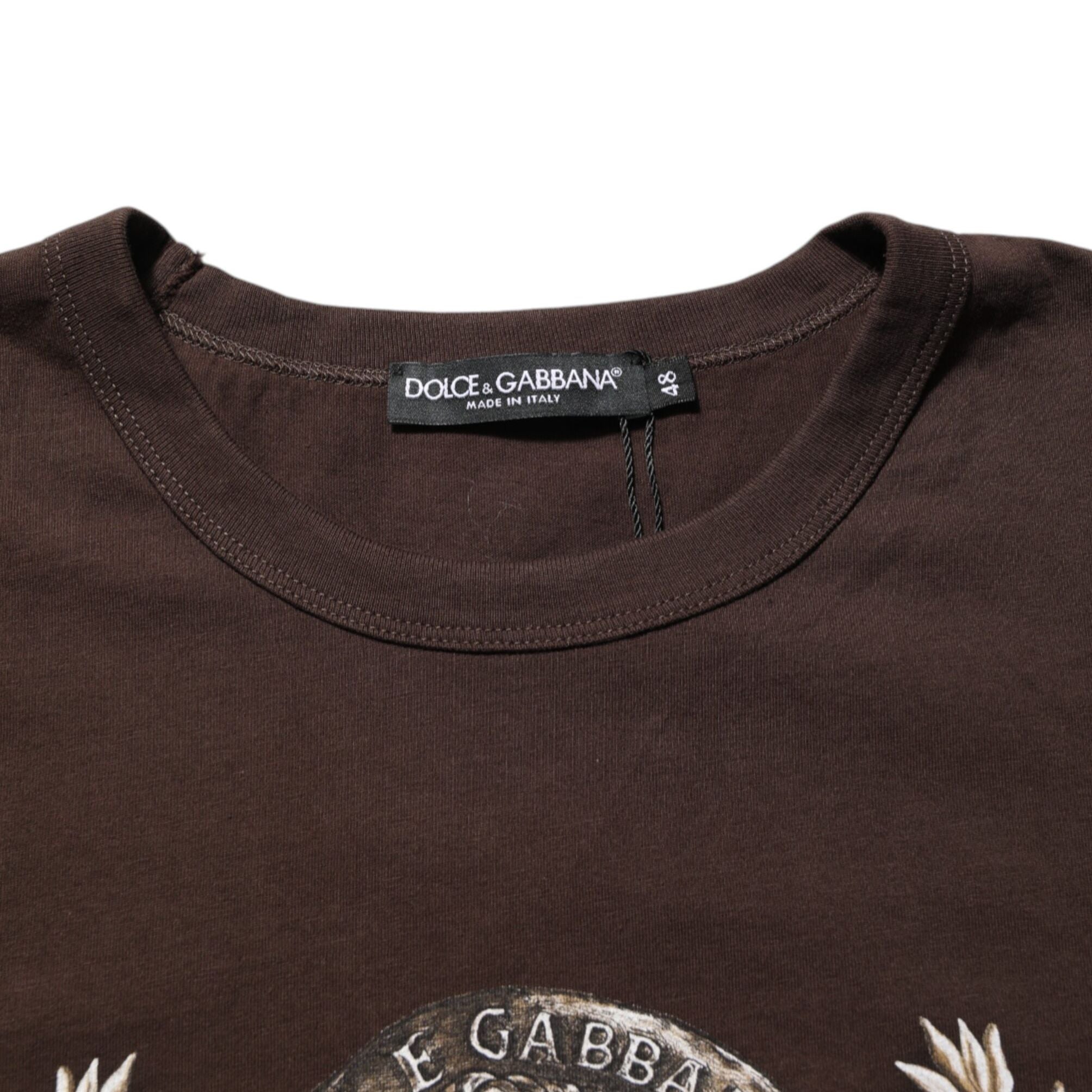 Dolce & Gabbana Brown Coin Laurel Print Men Crew Neck T-shirt
