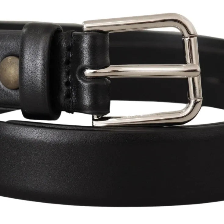 Dolce & Gabbana Black Calf Leather Silver Tone Logo Buckle Belt