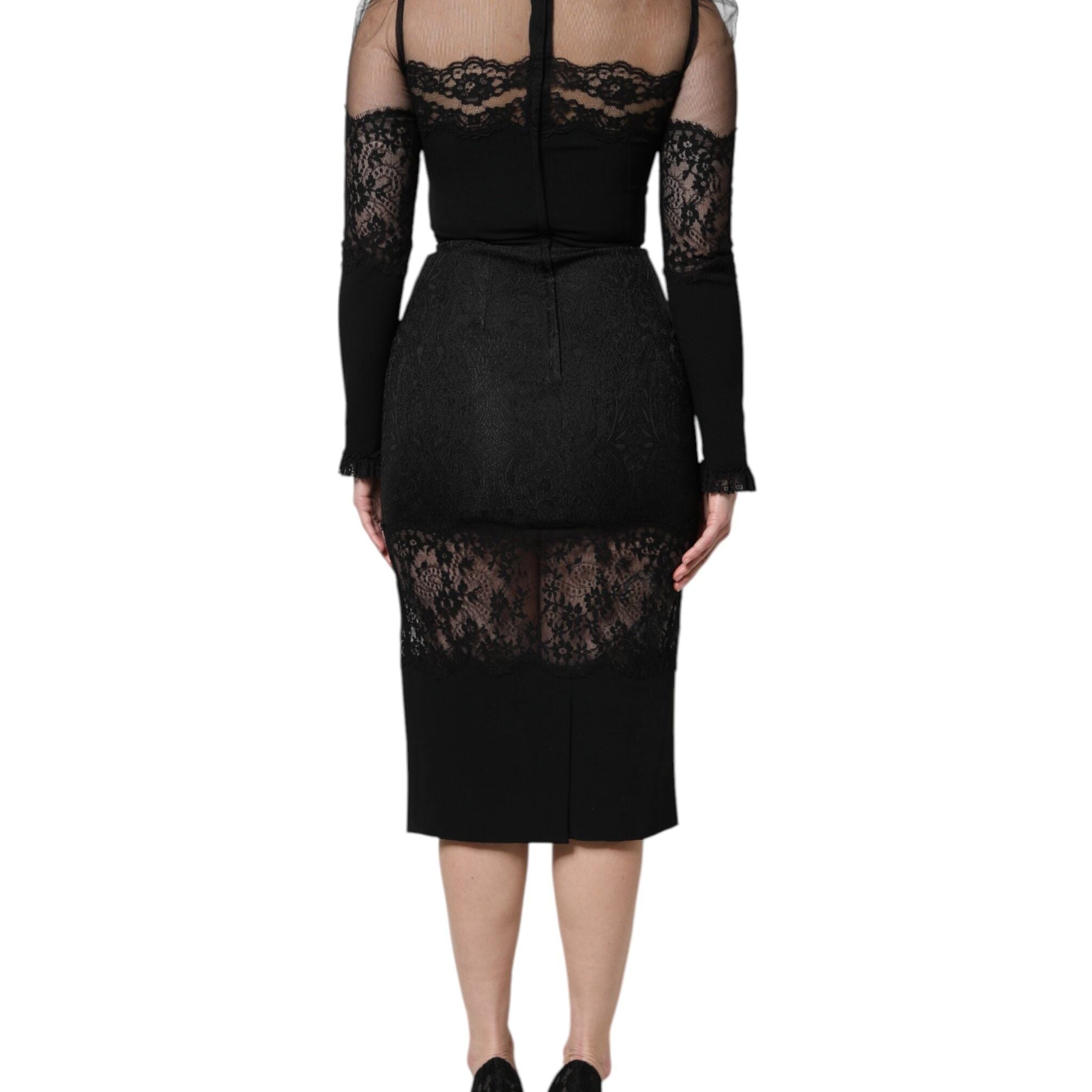 Dolce & Gabbana Black Lace Trim Nylon Tulle SheathMidi Dress