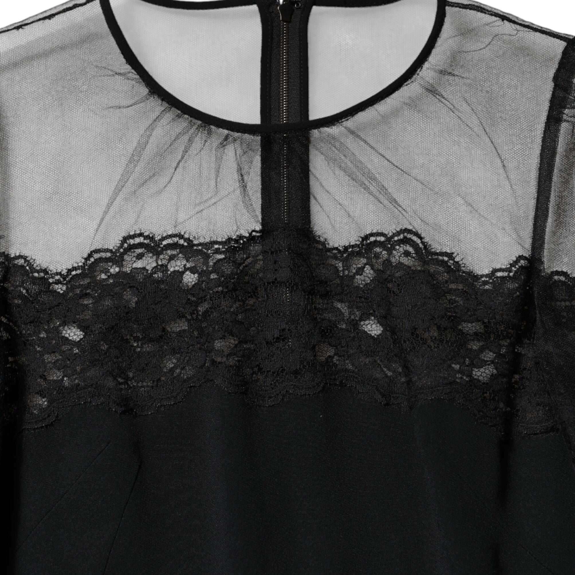 Dolce & Gabbana Black Lace Trim Nylon Tulle SheathMidi Dress