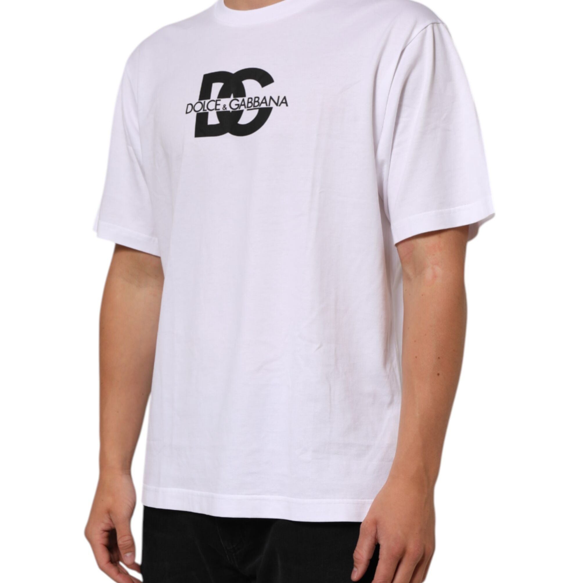Dolce & Gabbana White Logo Print Cotton Crew Neck Men T-shirt
