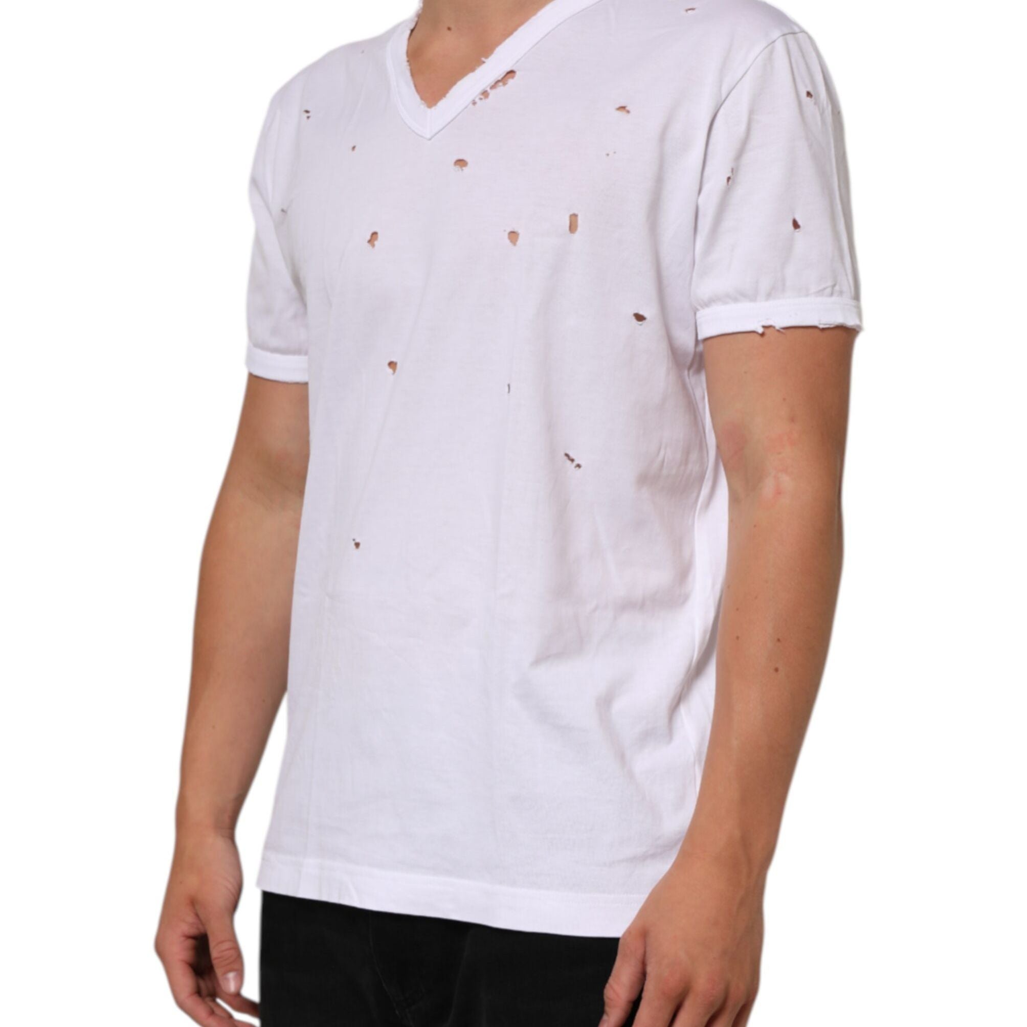 Dolce & Gabbana White Distressed Cotton V Neck Men T-shirt