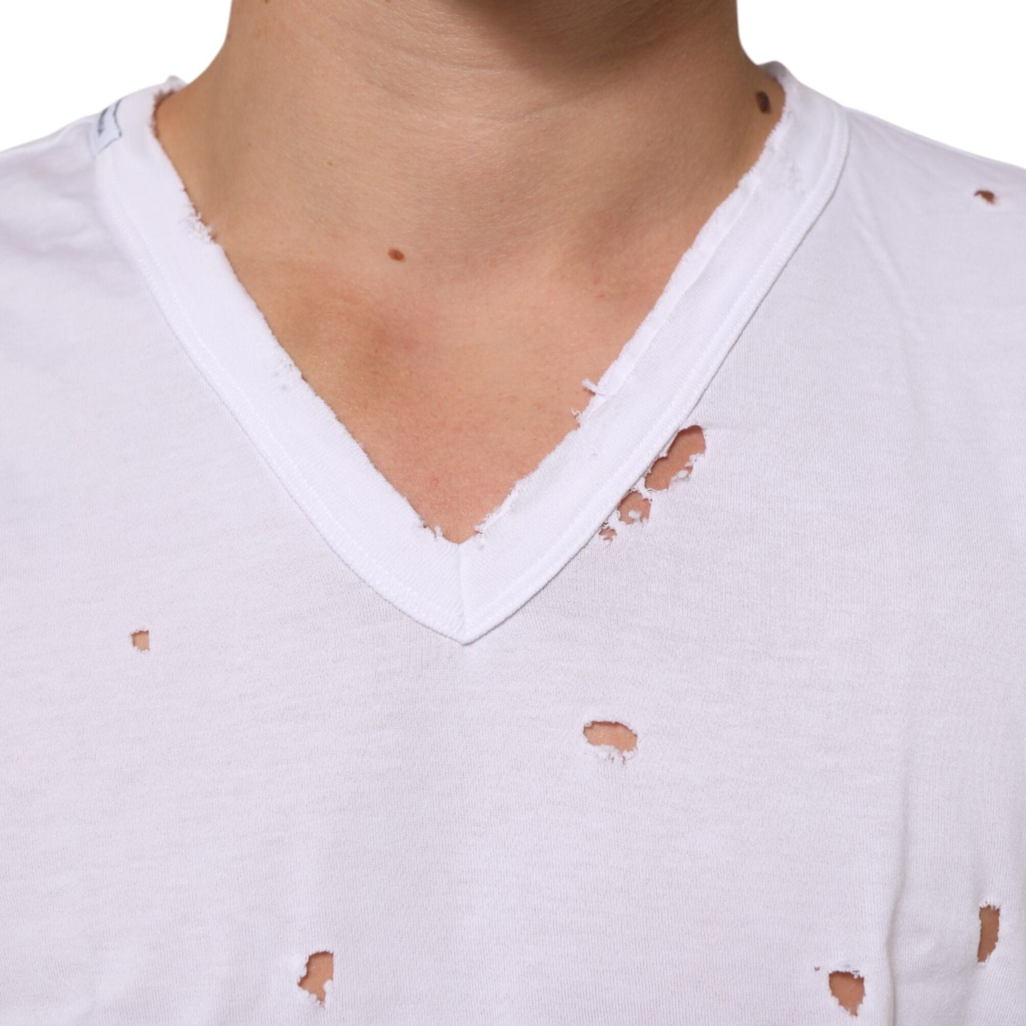 Dolce & Gabbana White Distressed Cotton V Neck Men T-shirt