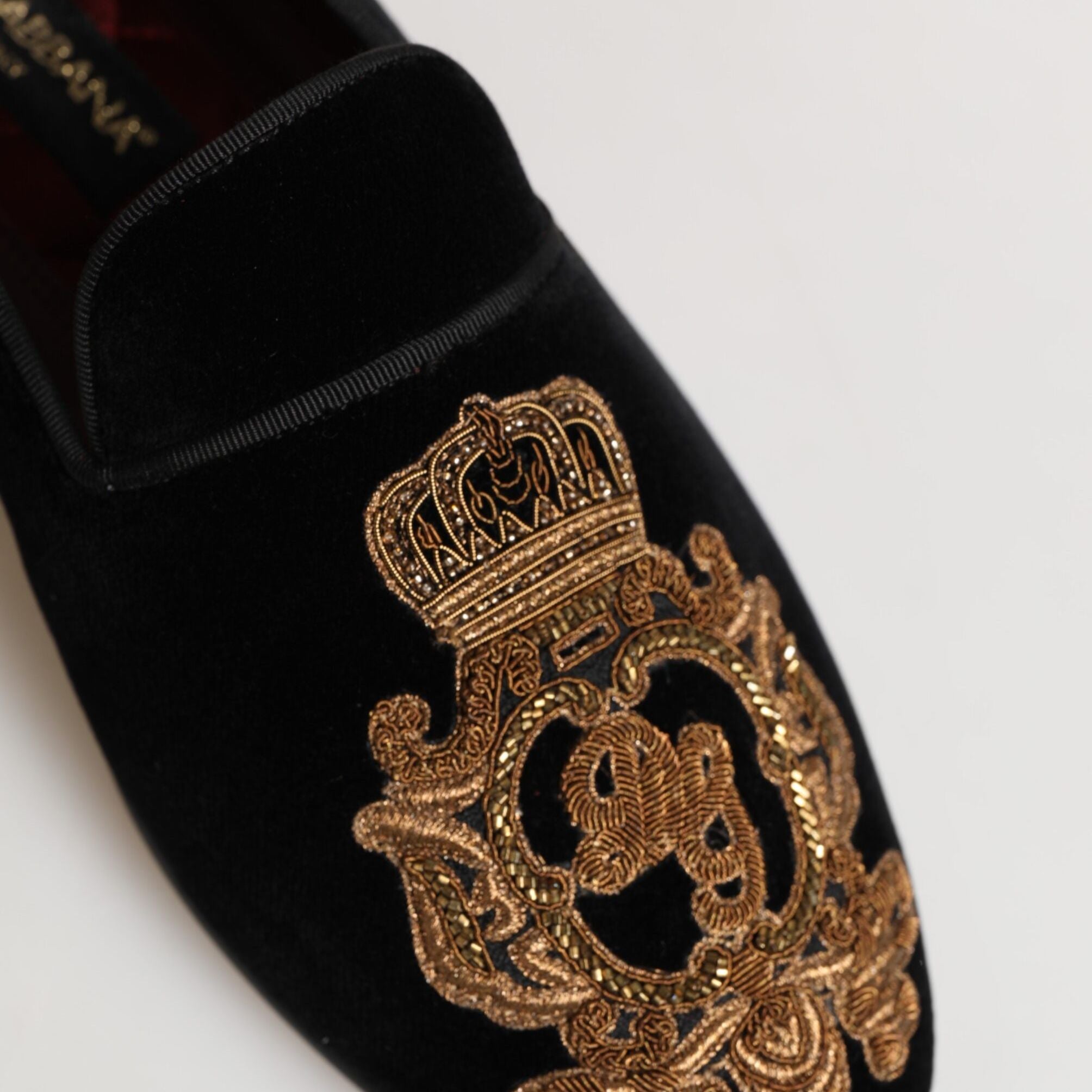 Dolce & Gabbana Black Velvet Gold Crown Mens Loafers Shoes