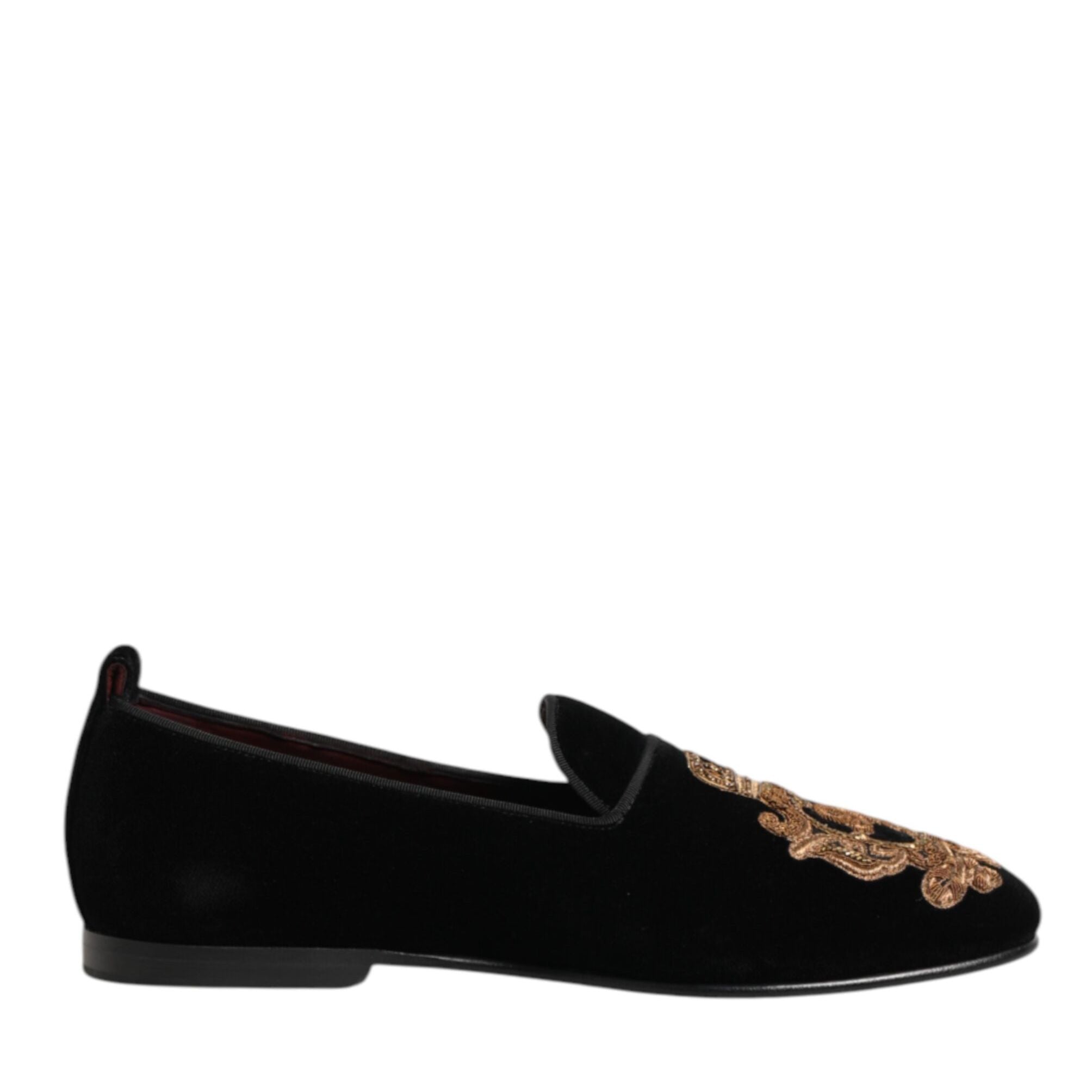 Dolce & Gabbana Black Velvet Gold Crown Mens Loafers Shoes