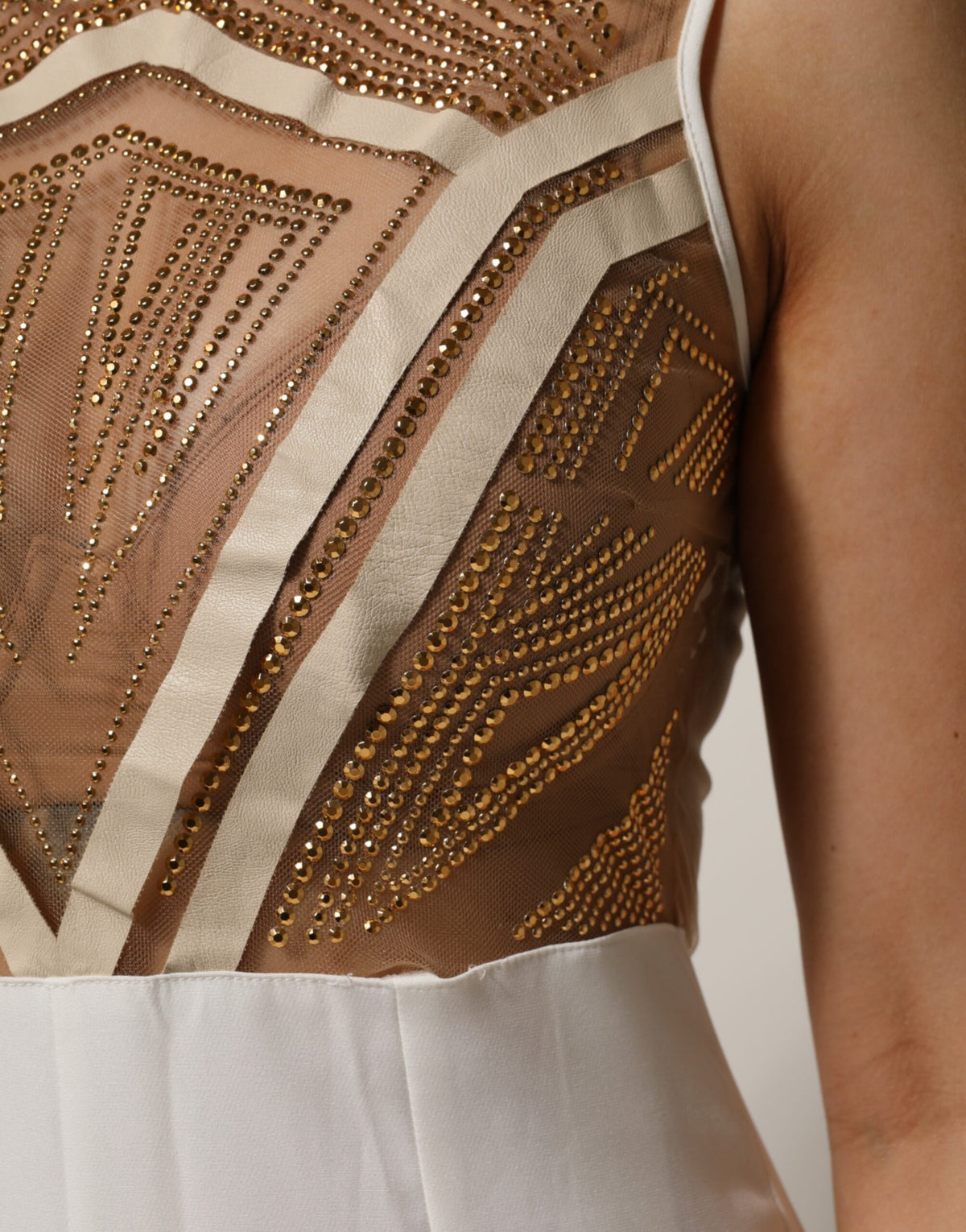 Mangano White Beige Mesh Crystal Embellished Sleeveless Jumpsuit
