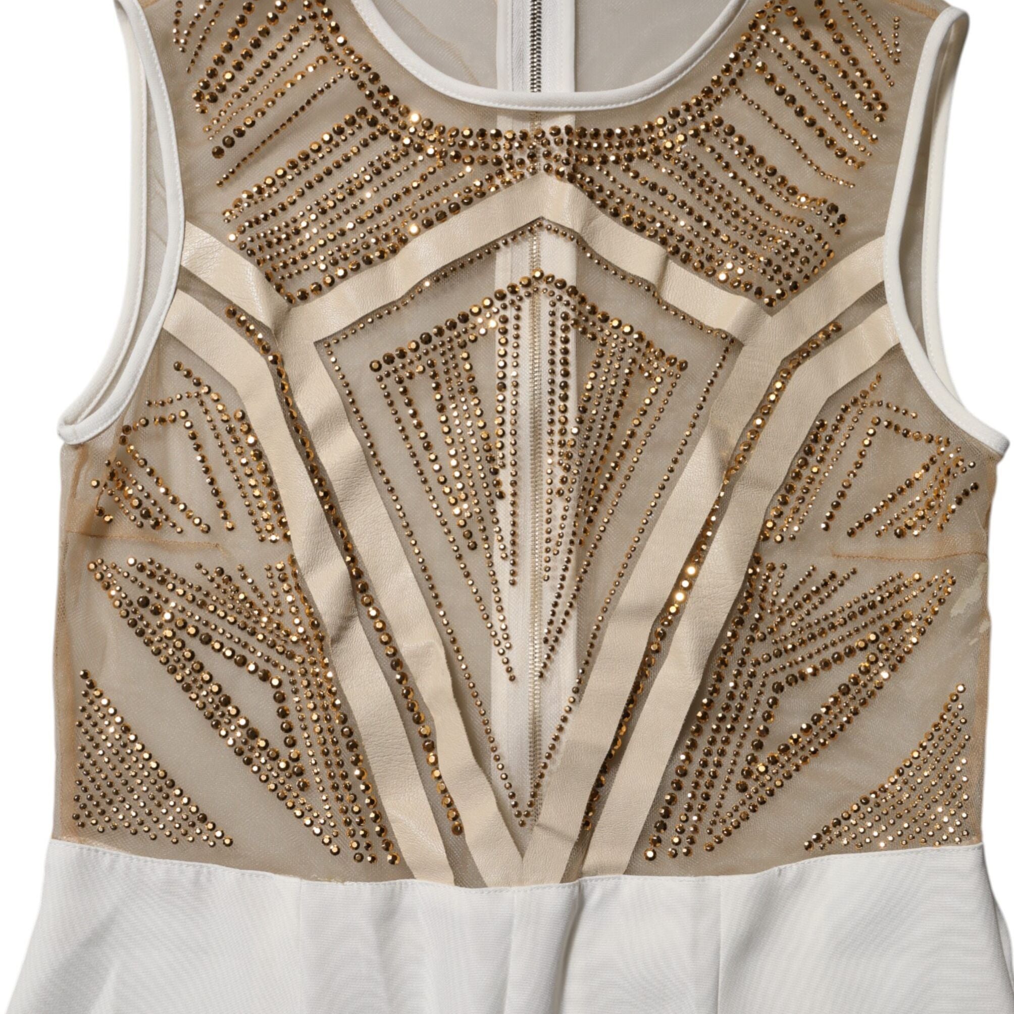 Mangano White Beige Mesh Crystal Embellished Sleeveless Jumpsuit