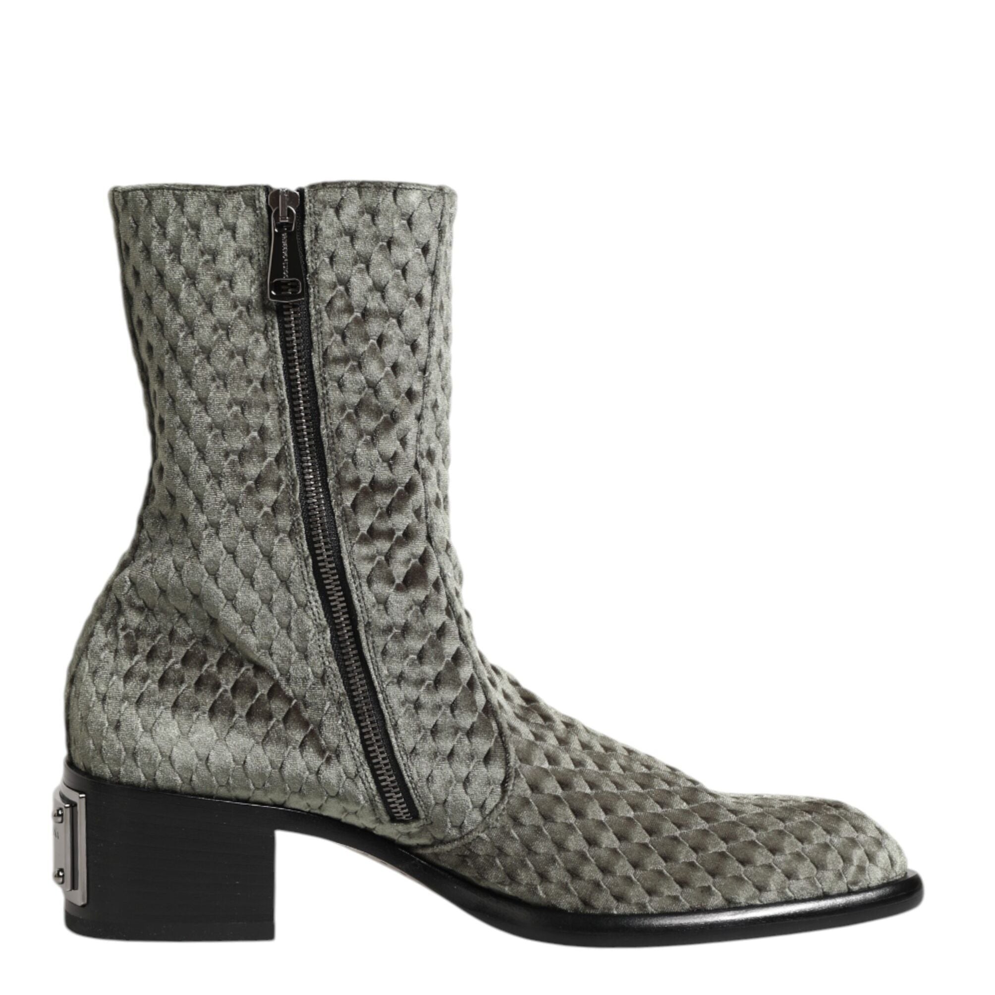 Dolce & Gabbana Gray Cotton Velvet Mid Calf Short Boots Shoes