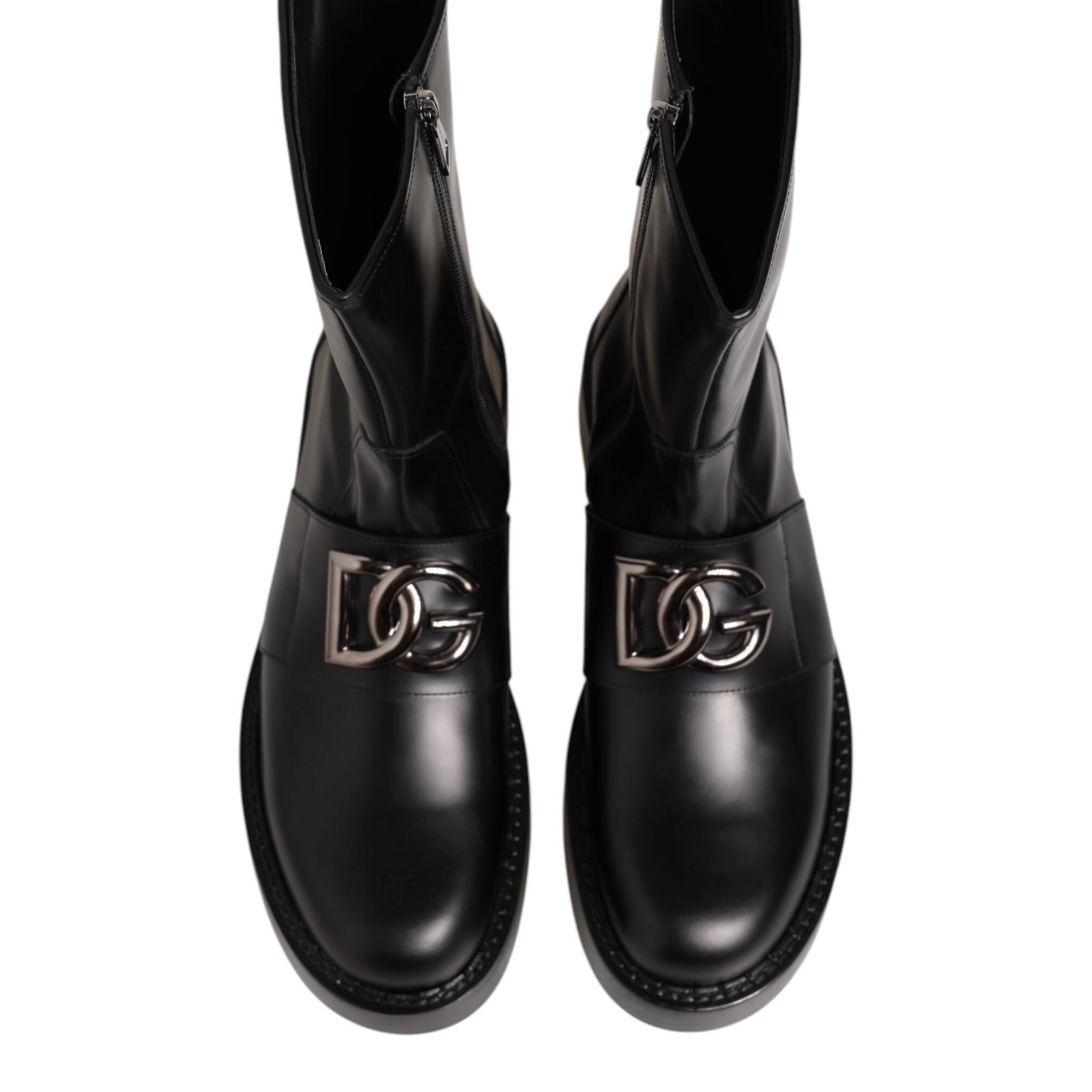 Dolce & Gabbana Black Logo Plaque Mid Calf Biker Boots Shoes