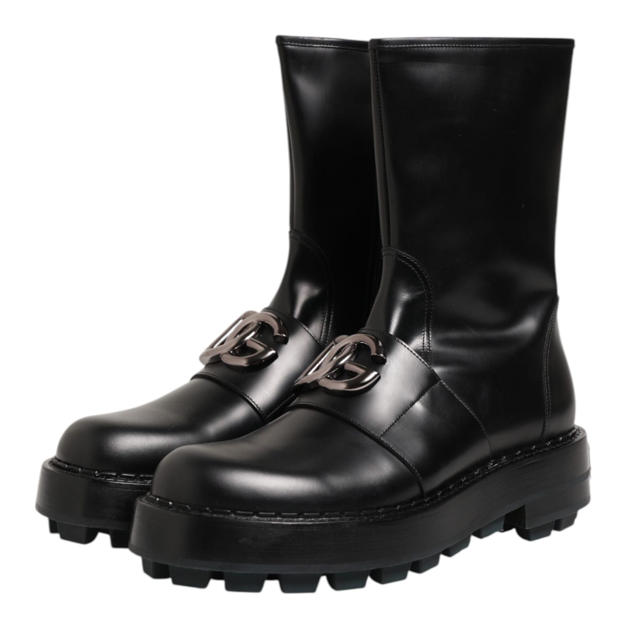 Dolce & Gabbana Black Logo Plaque Mid Calf Biker Boots Shoes