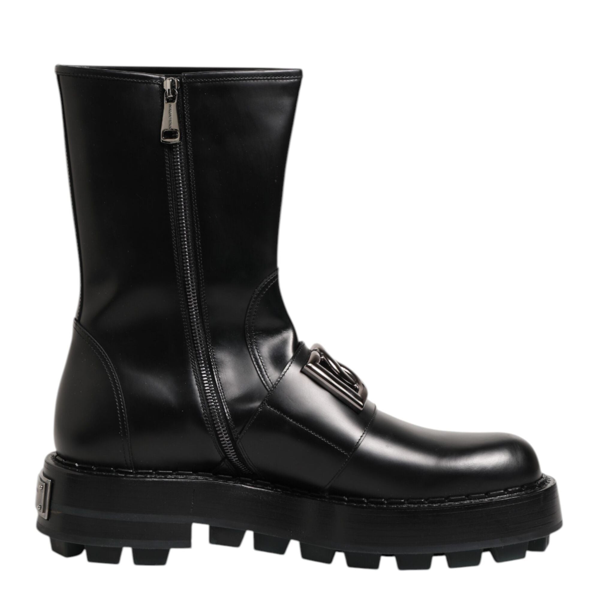 Dolce & Gabbana Black Logo Plaque Mid Calf Biker Boots Shoes