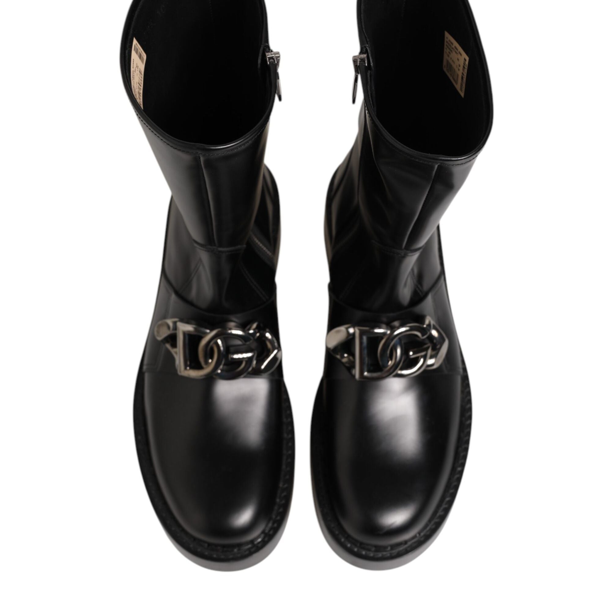 Dolce & Gabbana Black Logo Plaque Mid Calf Biker Boots Shoes