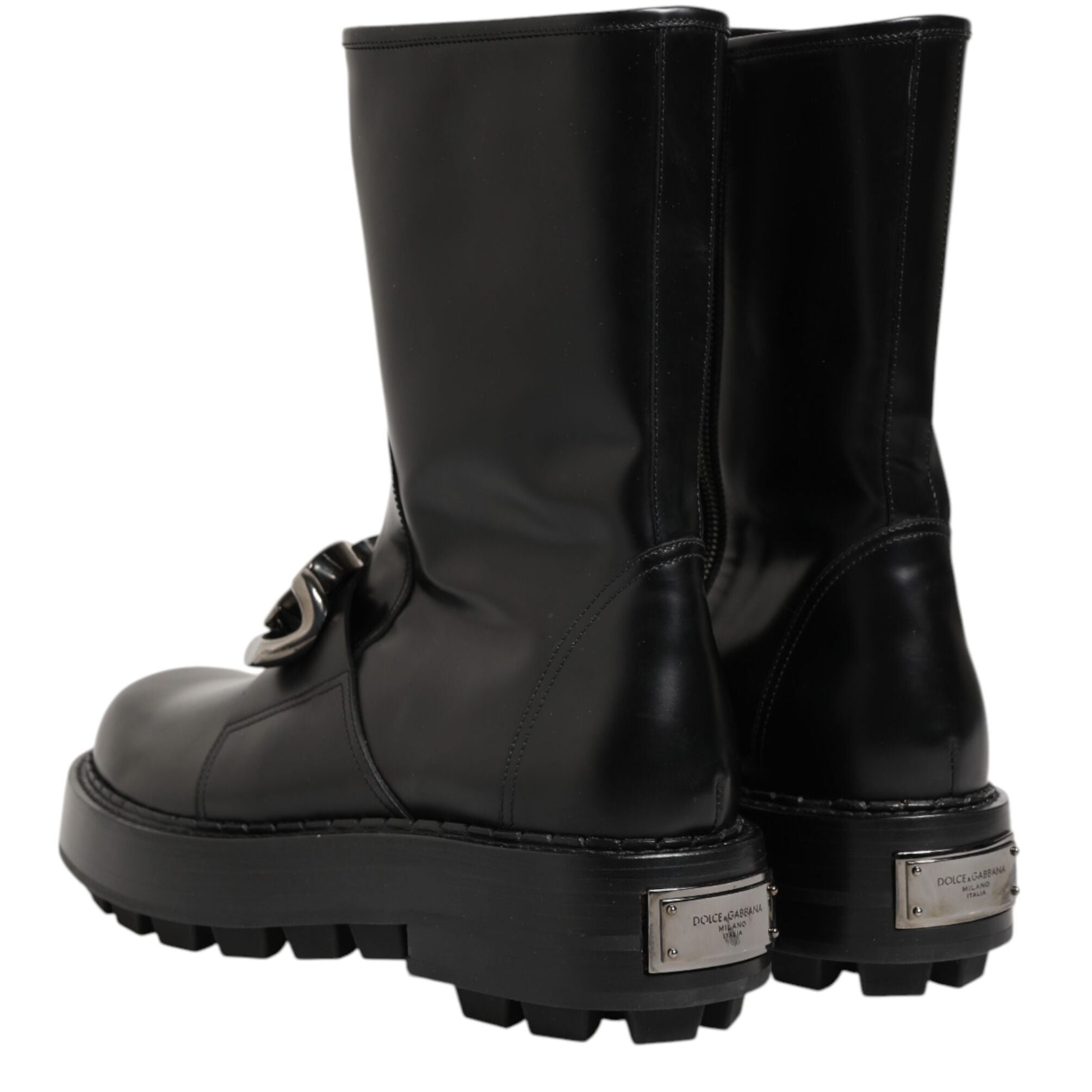 Dolce & Gabbana Black Logo Plaque Mid Calf Biker Boots Shoes