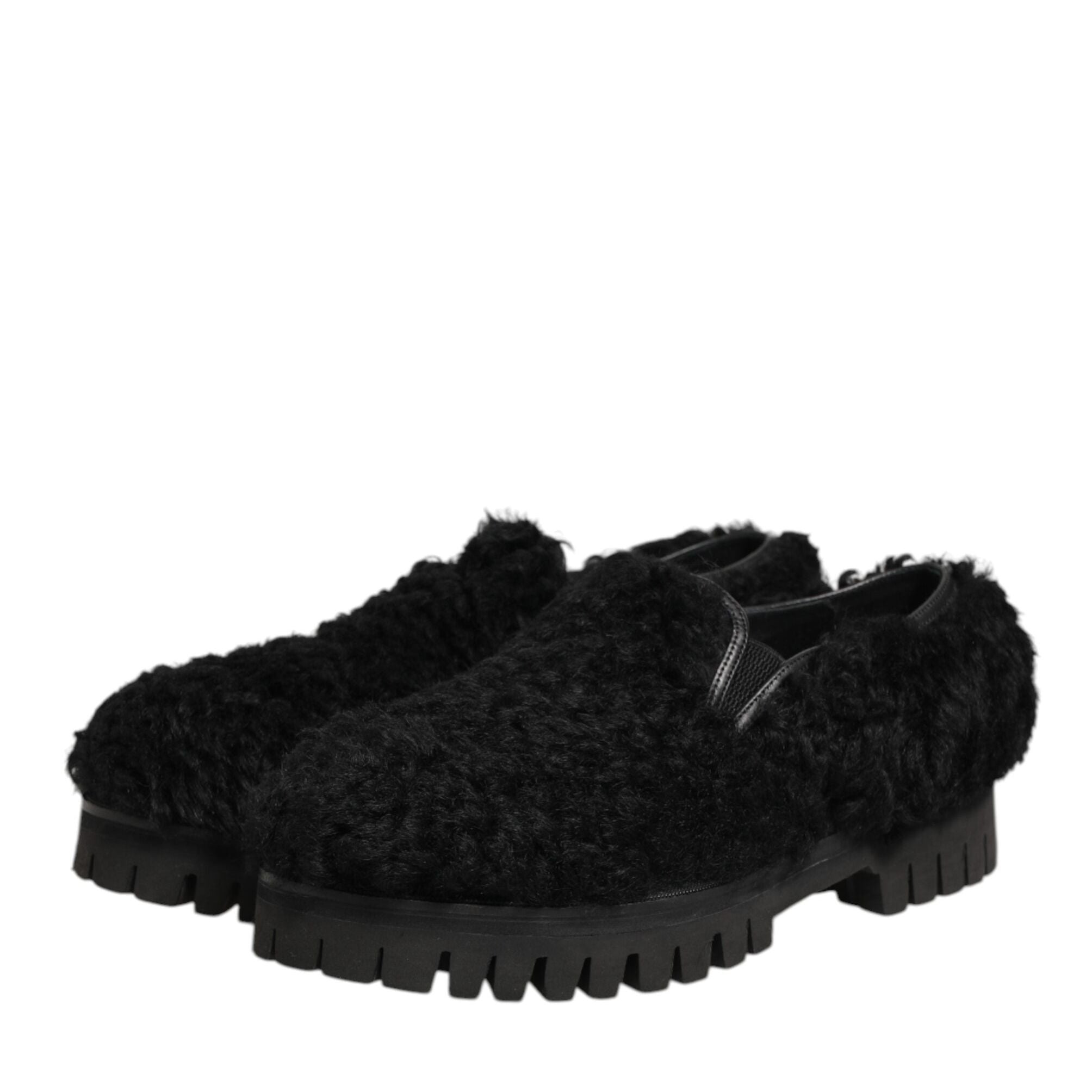 Dolce & Gabbana Dress Black Fur Leather Slippers Men Shoes