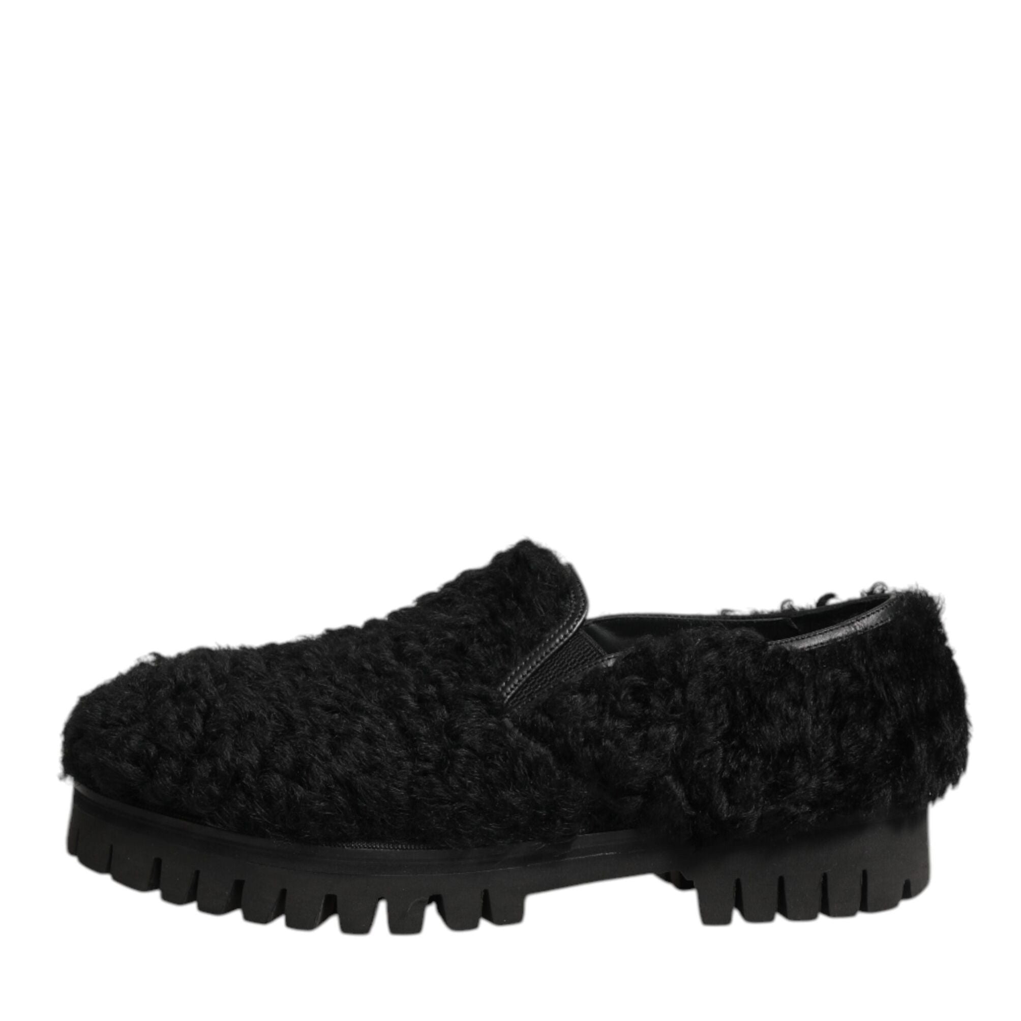 Dolce & Gabbana Dress Black Fur Leather Slippers Men Shoes