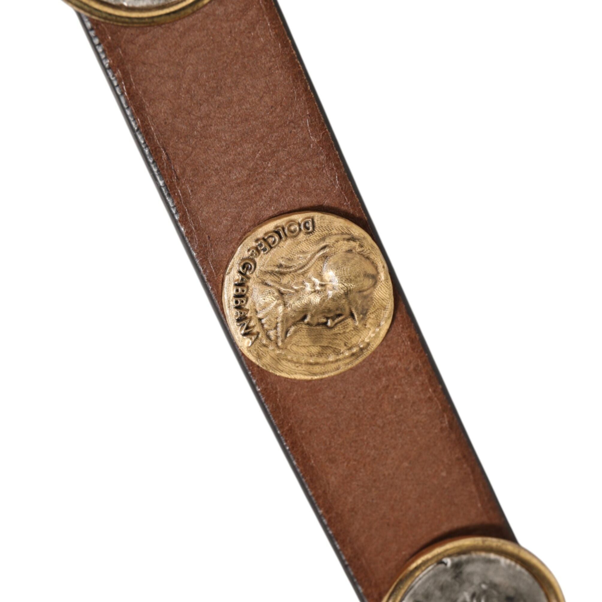 Dolce & Gabbana Brown Leather Gold Silver Coin Buckle Belt