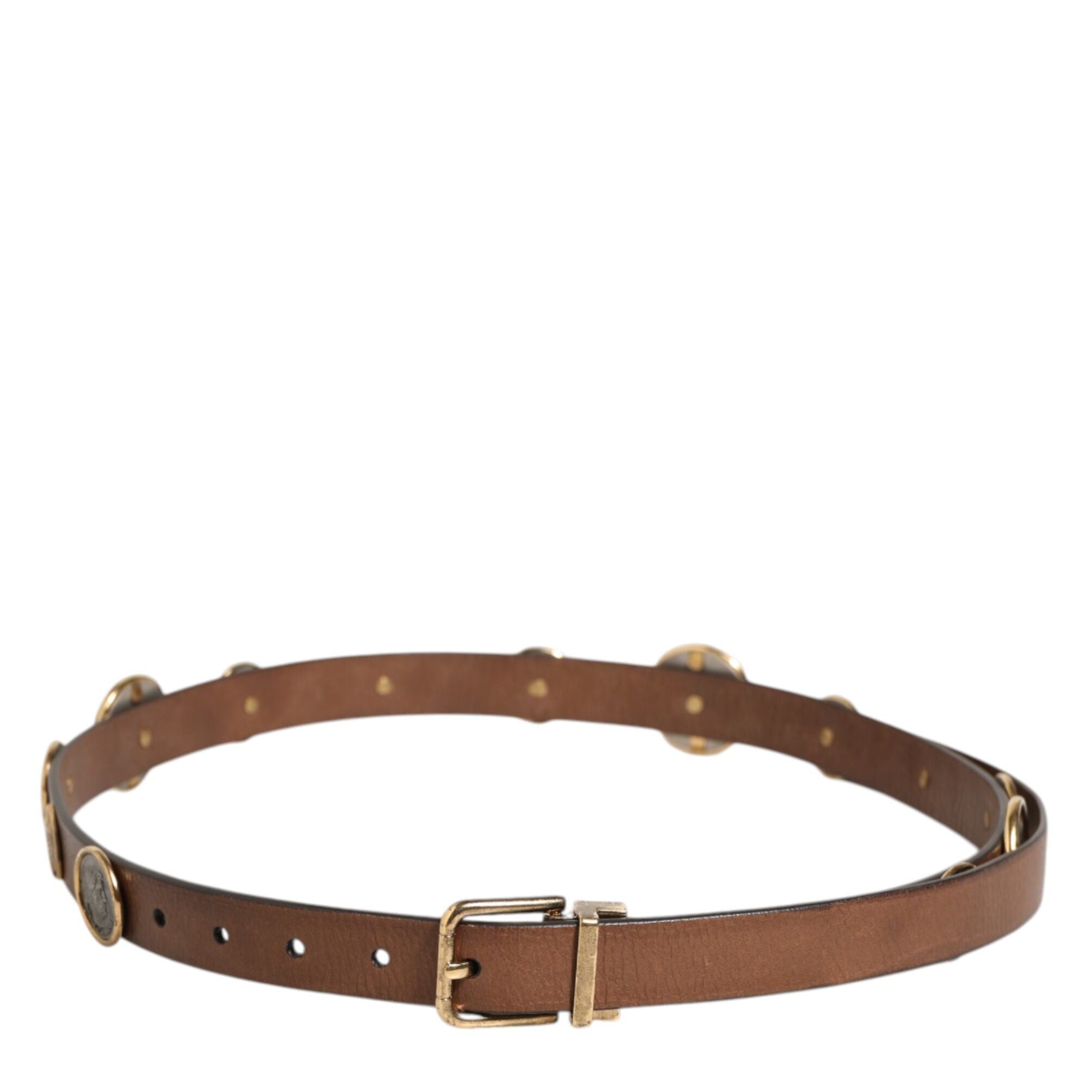 Dolce & Gabbana Brown Leather Gold Silver Coin Buckle Belt