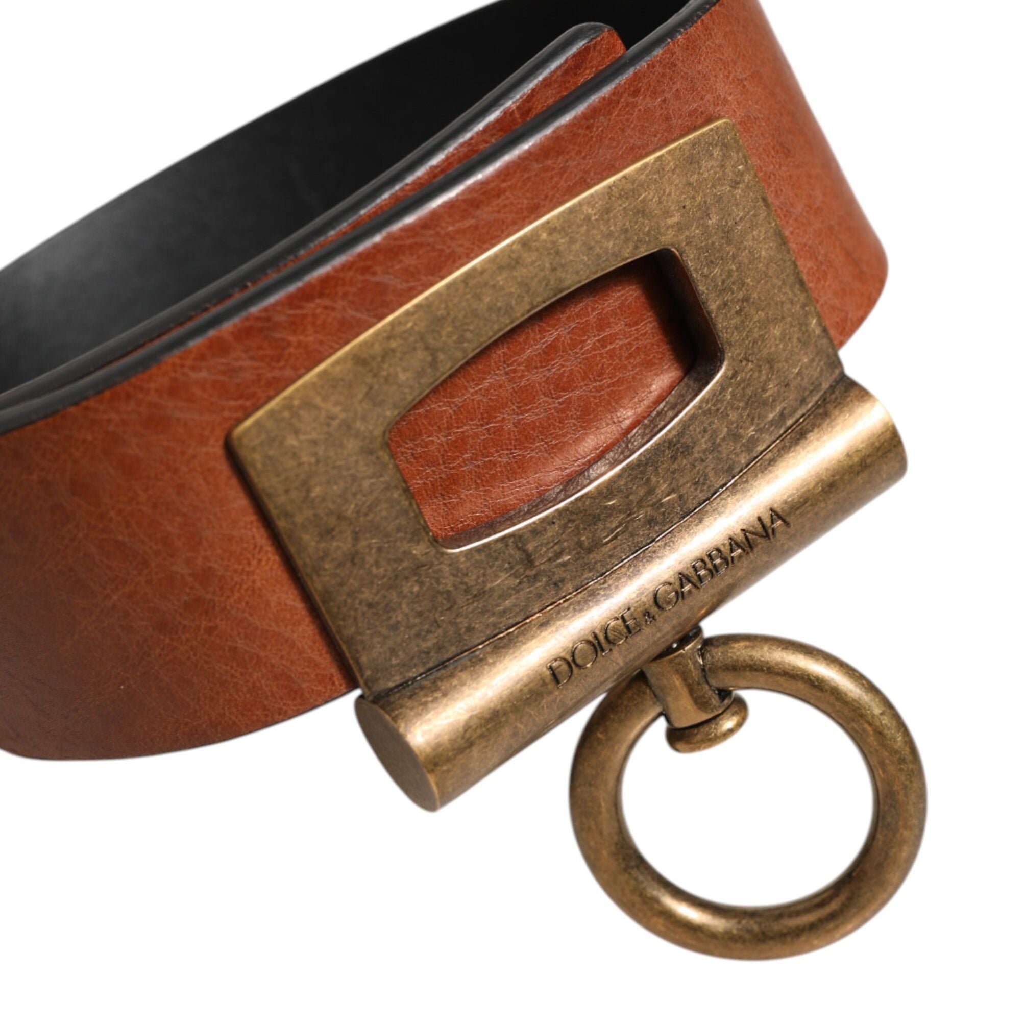 Dolce & Gabbana Brown Leather Side Rings Brass Buckle Belt