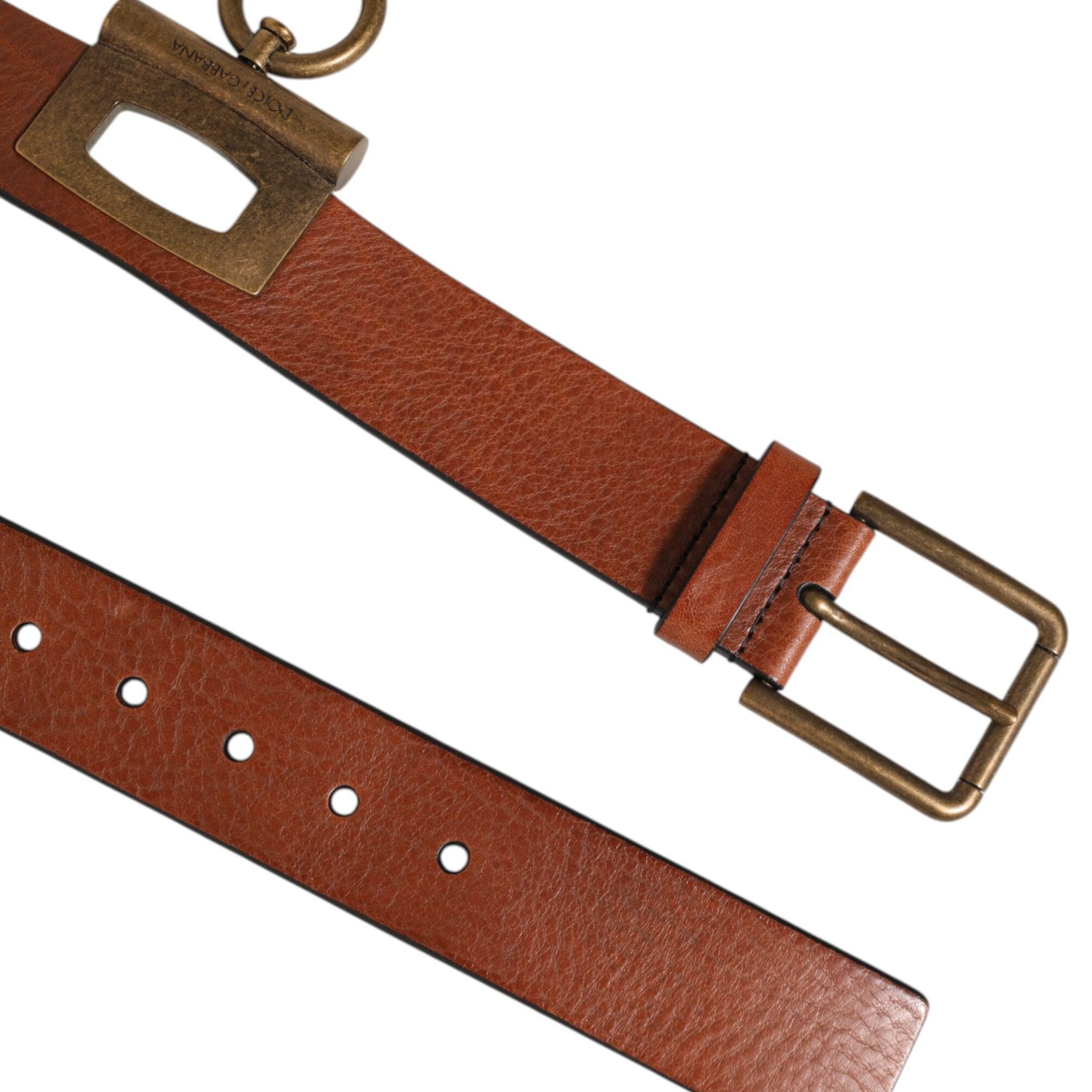 Dolce & Gabbana Brown Leather Side Rings Brass Buckle Belt