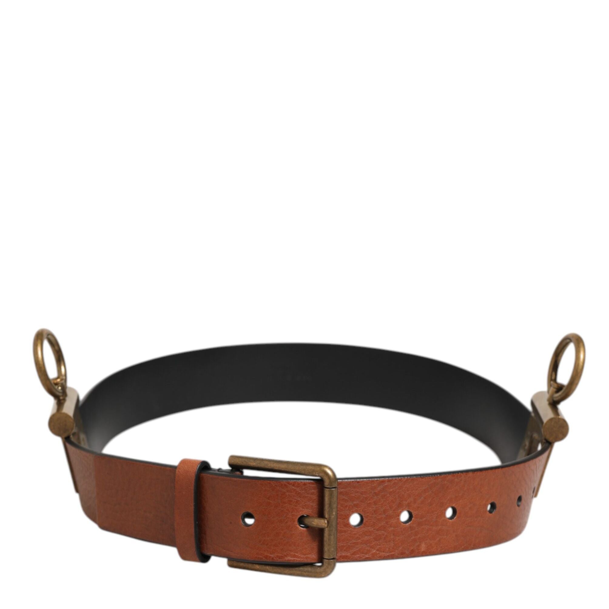 Dolce & Gabbana Brown Leather Side Rings Brass Buckle Belt