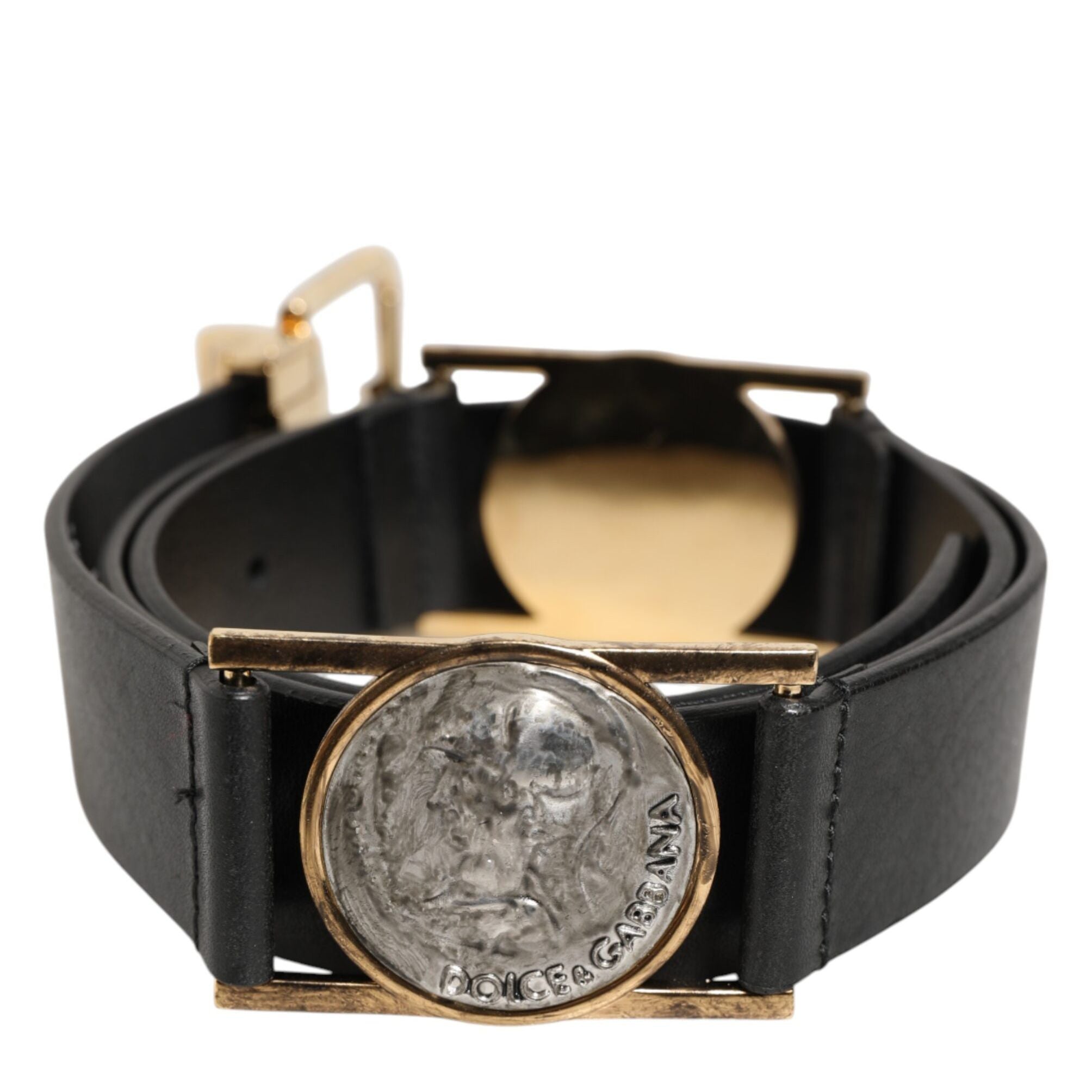 Dolce & Gabbana Black Leather Gold Silver Coin Buckle Belt