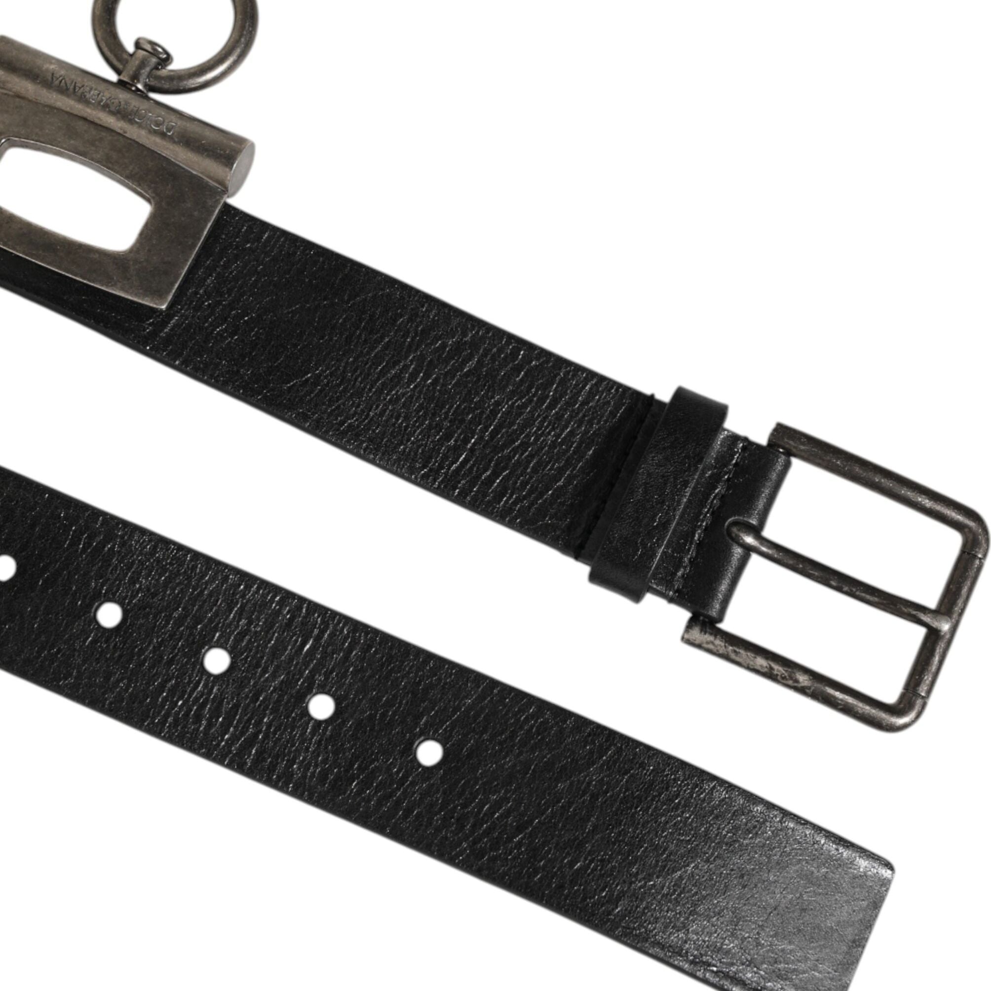 Dolce & Gabbana Black Leather Side Rings Brass Buckle Belt