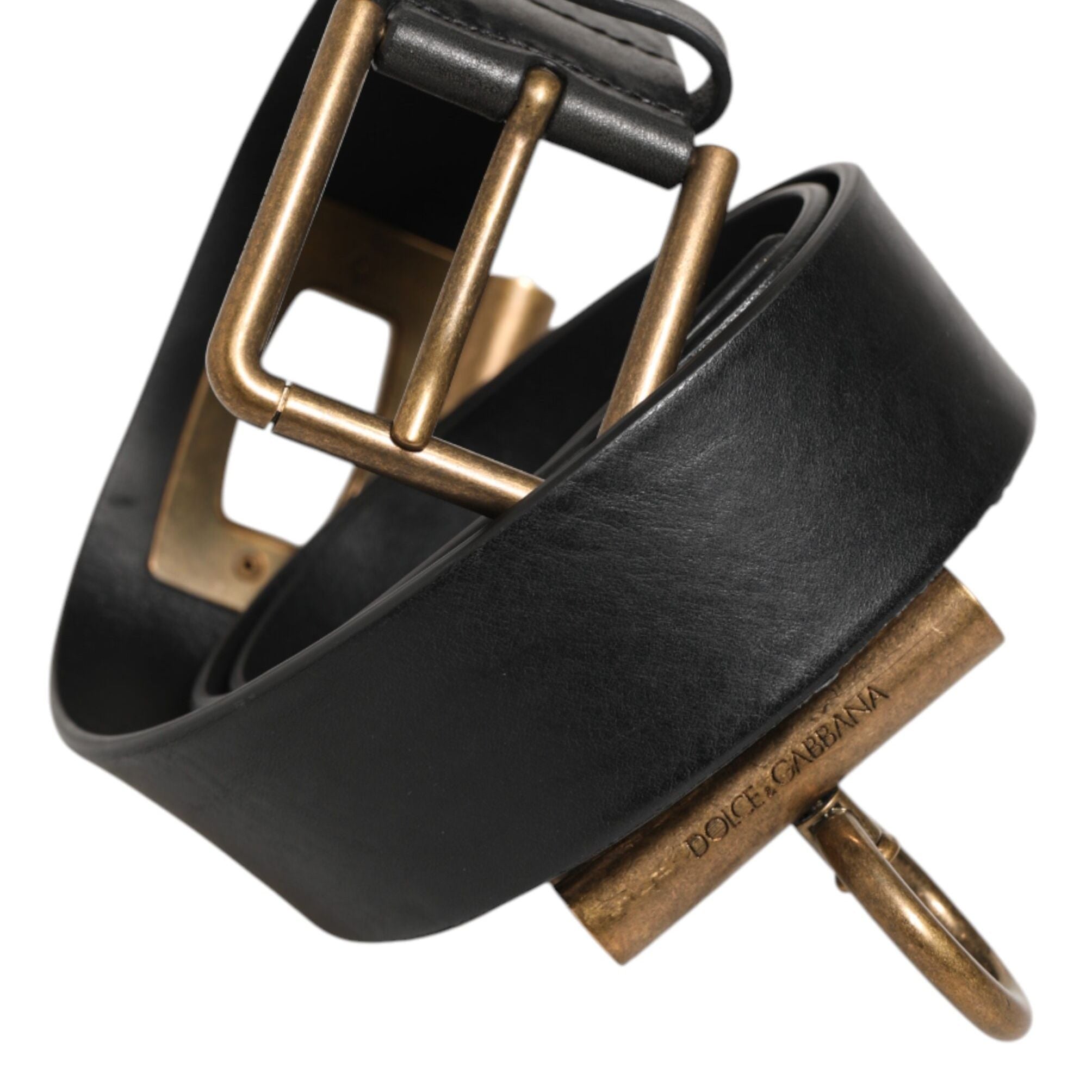Dolce & Gabbana Black Leather Side Rings Brass Buckle Belt