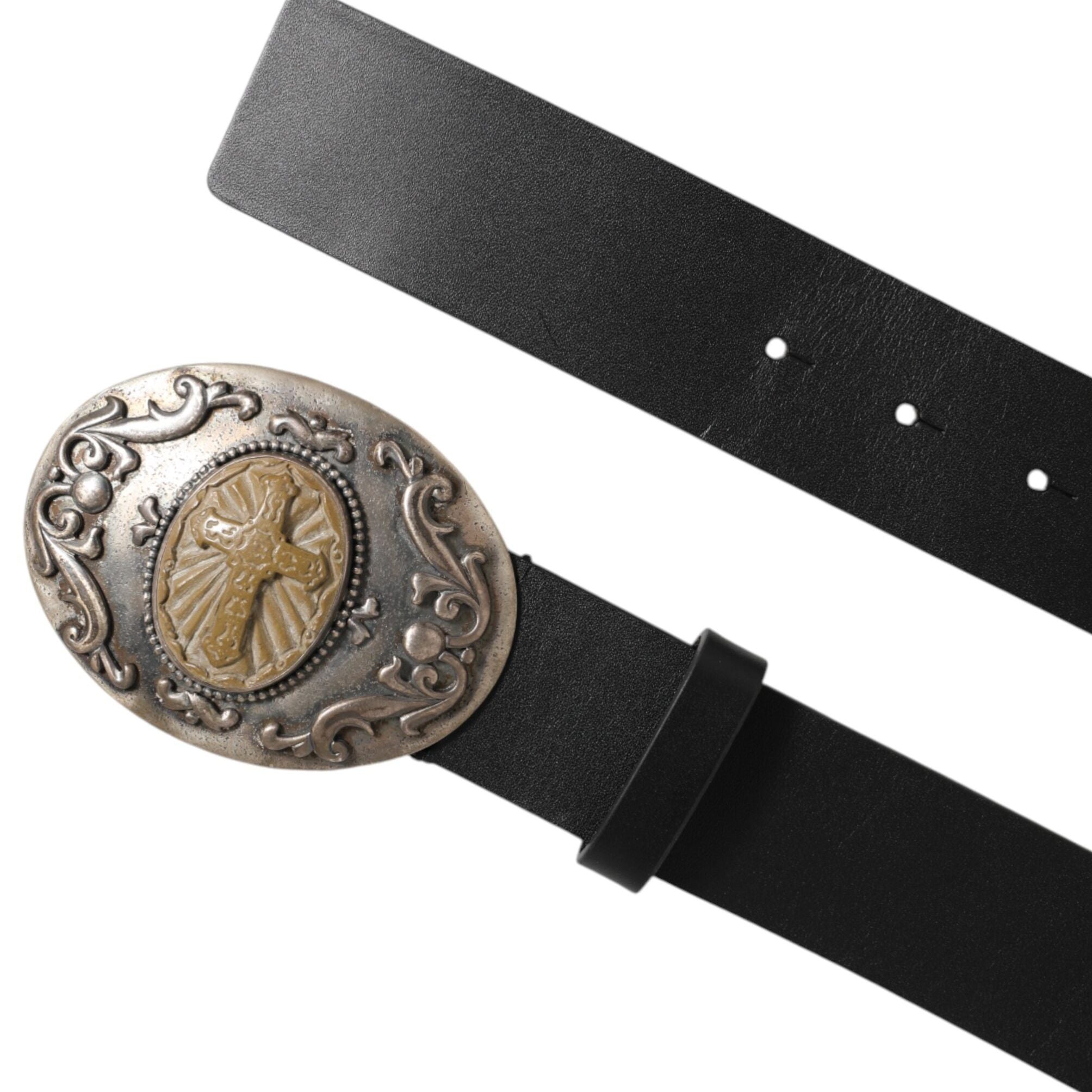 Dolce & Gabbana Black Leather Ornate Metal Buckle Men Belt