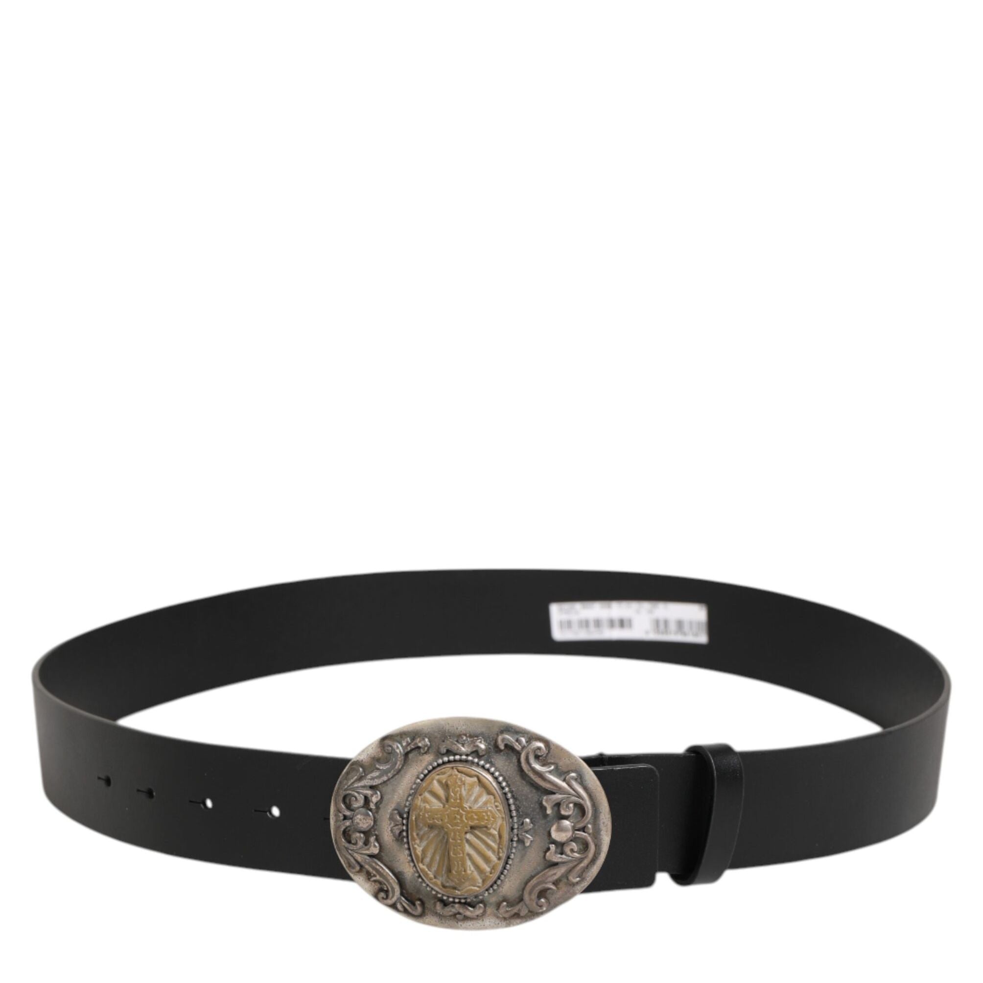 Dolce & Gabbana Black Leather Ornate Metal Buckle Men Belt