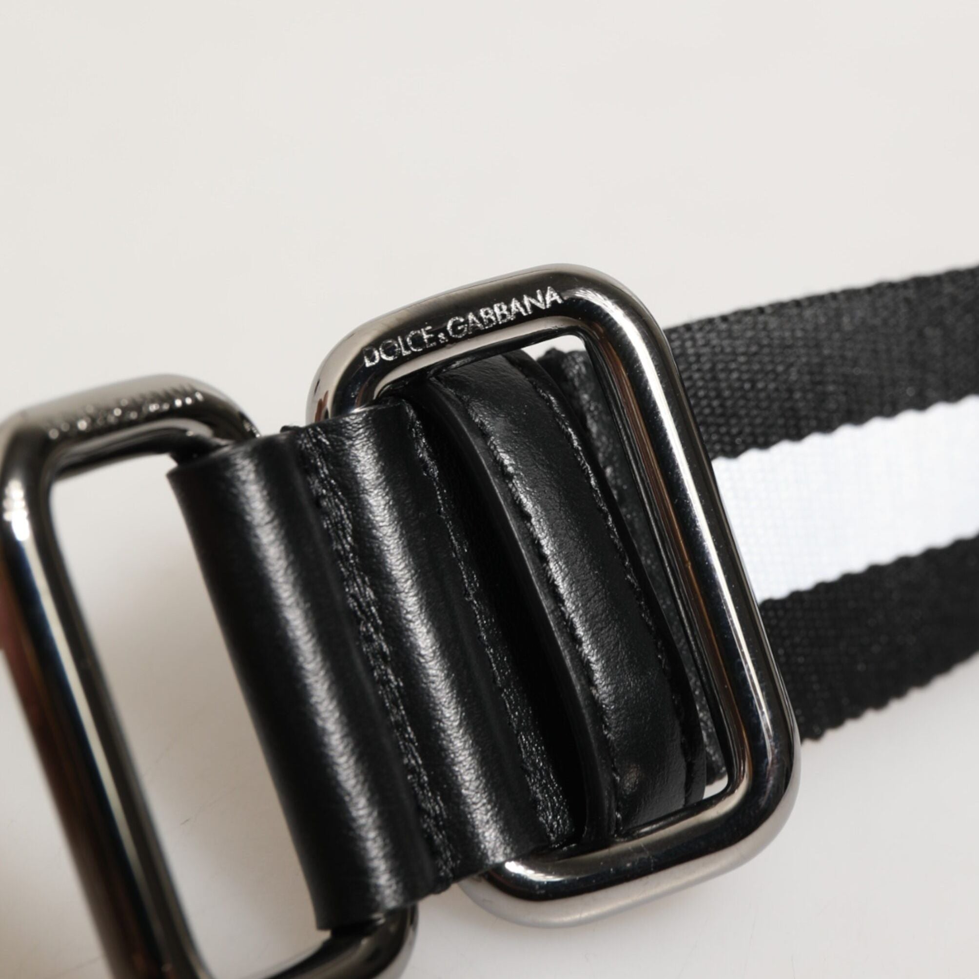 Dolce & Gabbana Black White Striped Logo Metal Buckle Belt