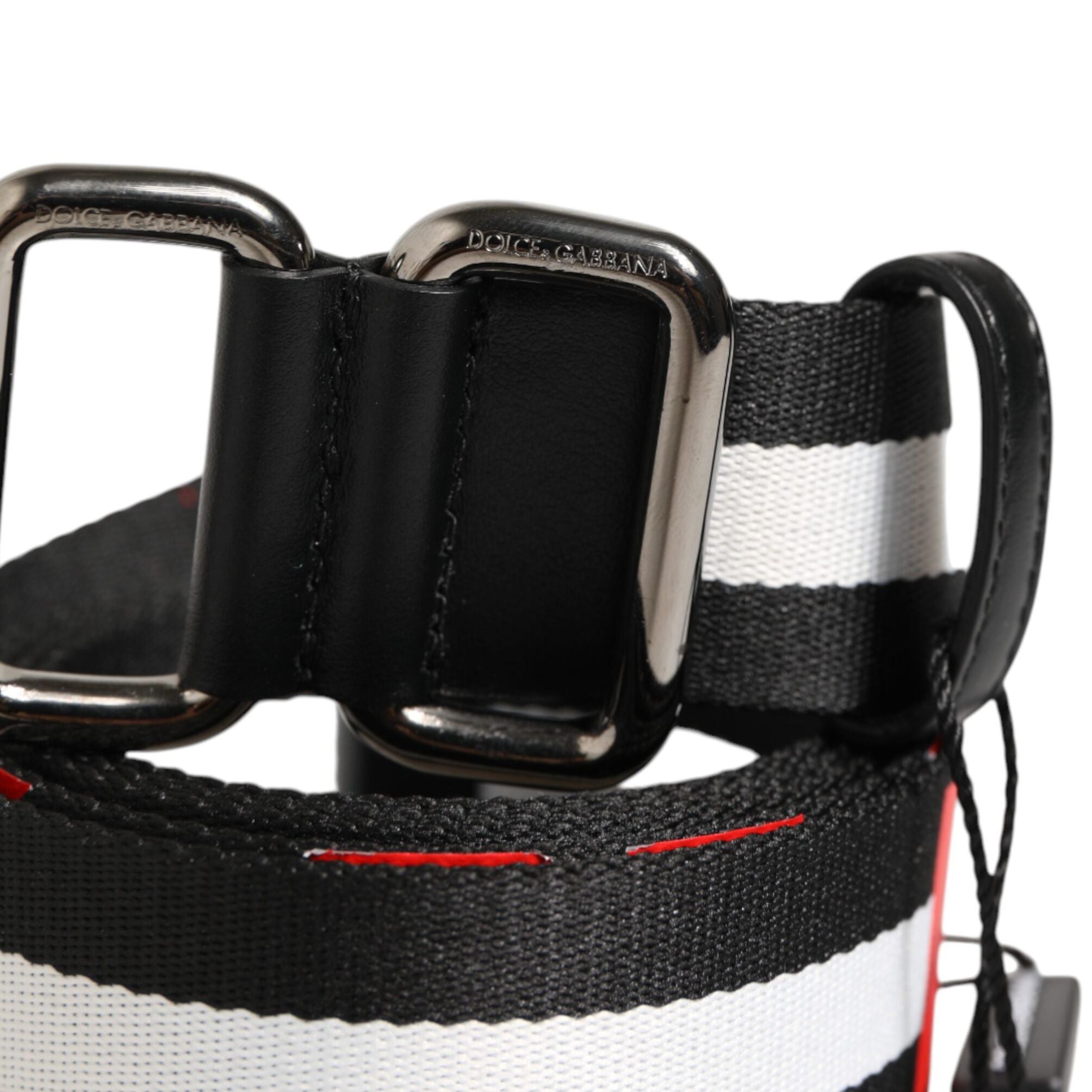 Dolce & Gabbana Black White Striped Logo Metal Buckle Belt