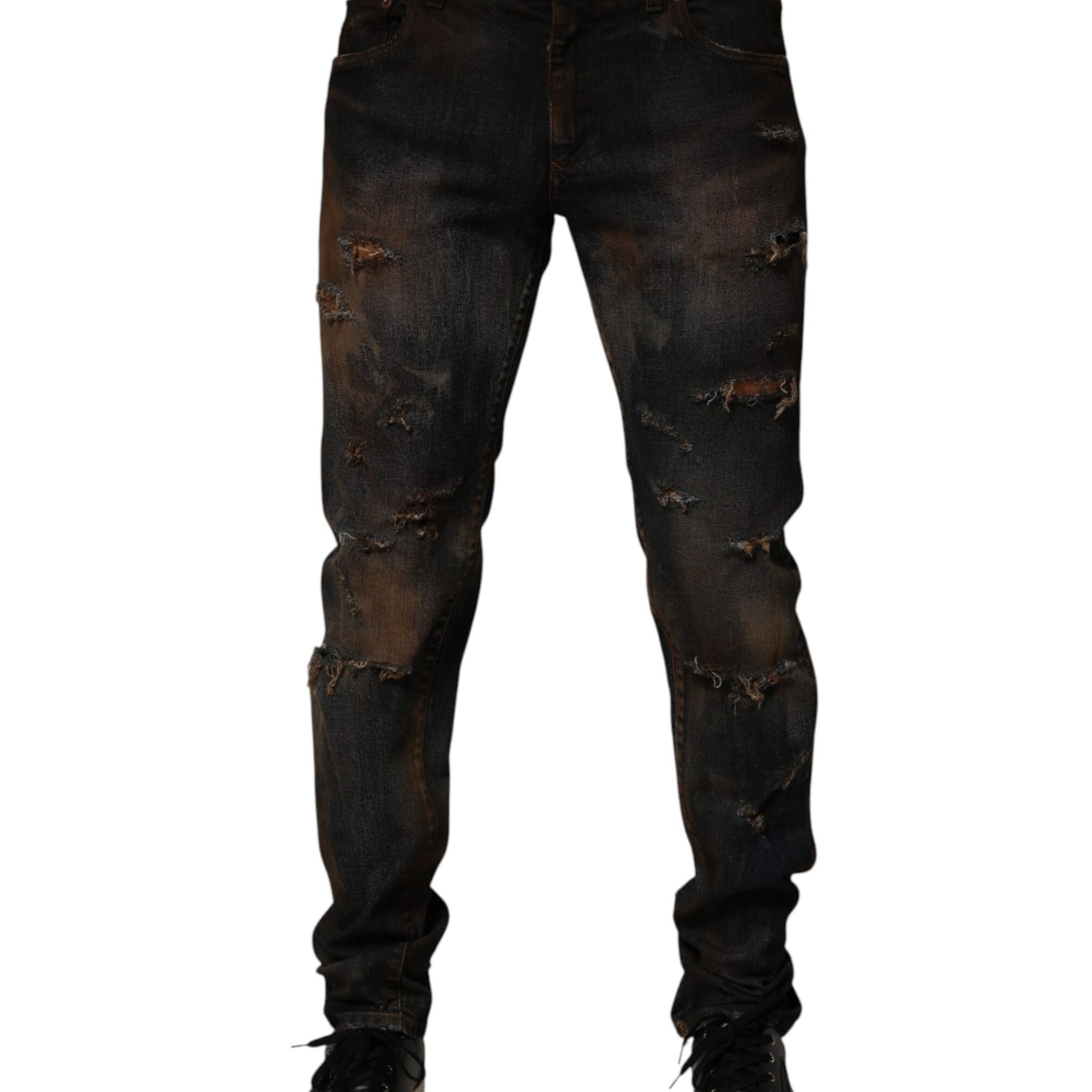 Dolce & Gabbana Black Cotton Skinny Tattered Men Denim Jeans