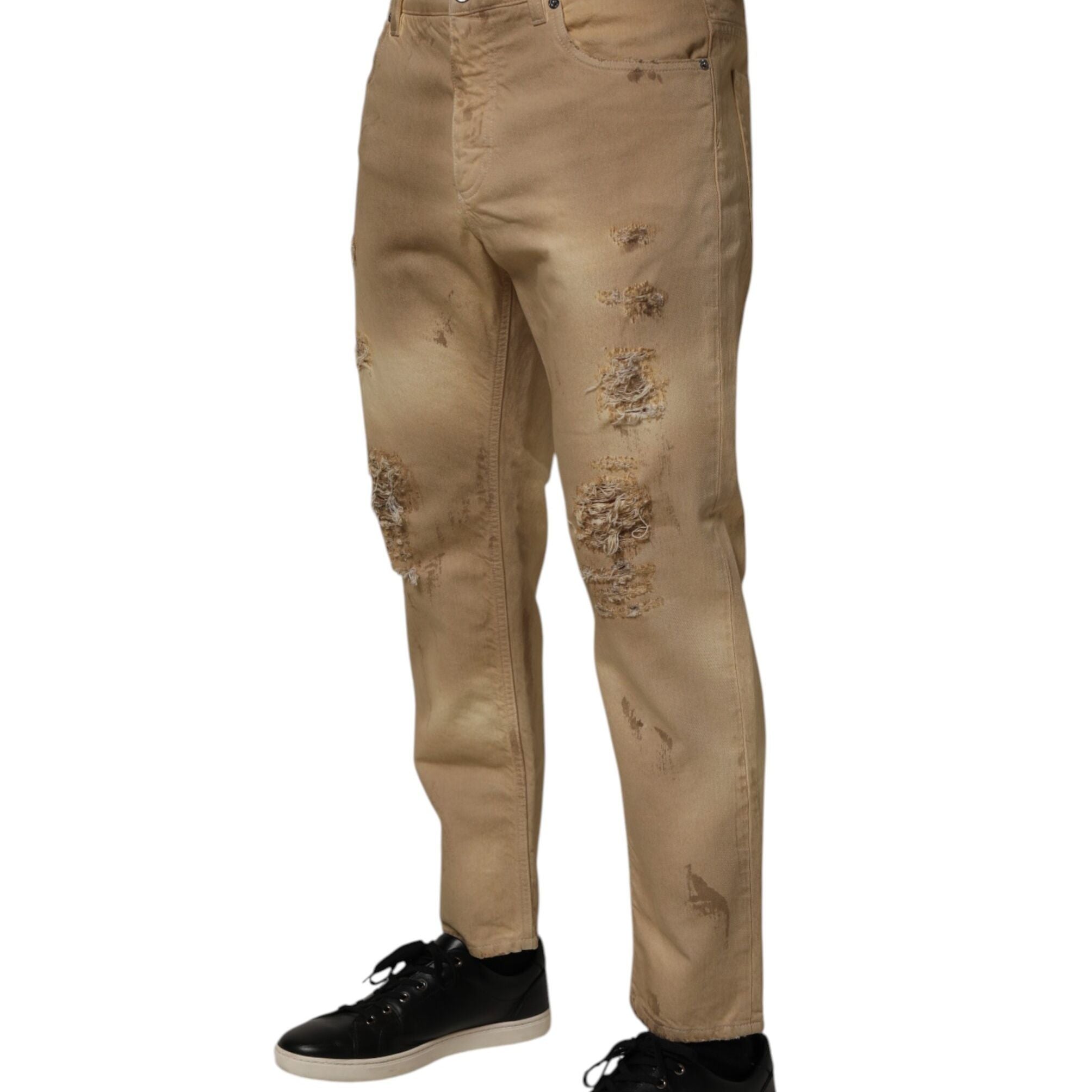 Dolce & Gabbana Beige Cotton Loose Tattered Men Denim Jeans