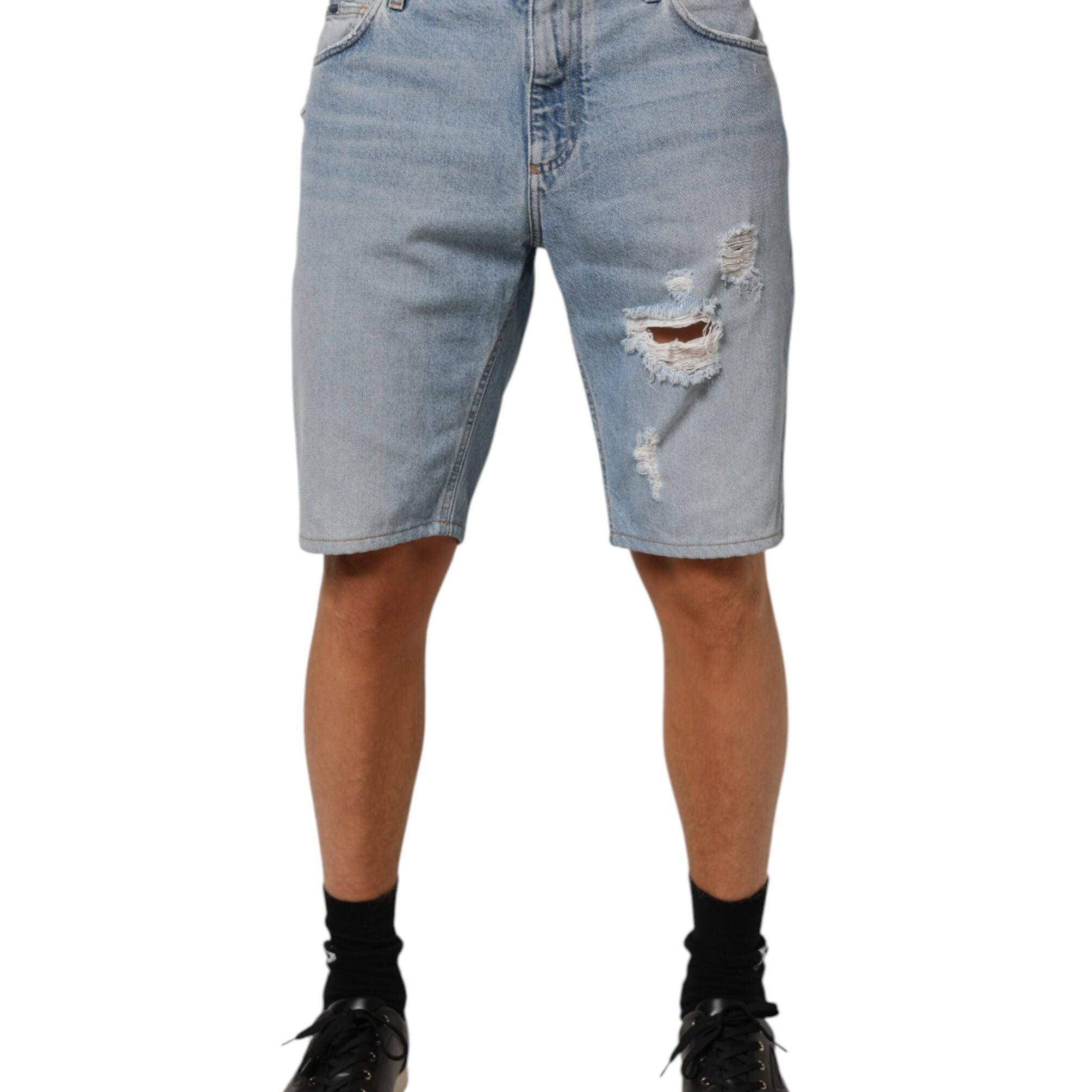 Dolce & Gabbana Blue Cotton Distressed Denim Bermuda Shorts