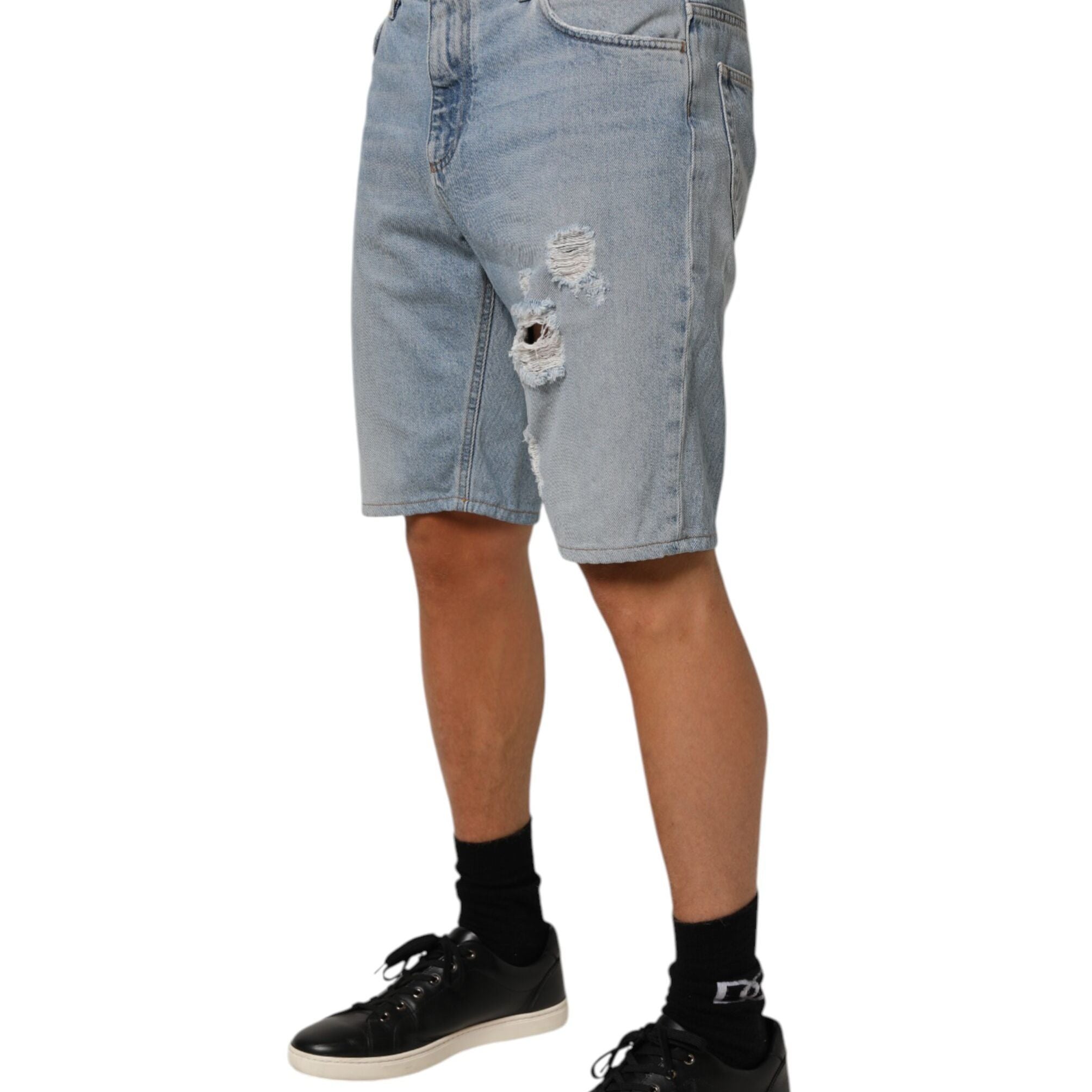 Dolce & Gabbana Blue Cotton Distressed Denim Bermuda Shorts