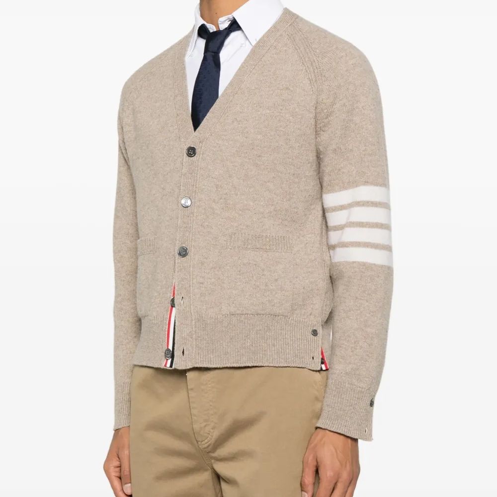 Thom Browne Shetland Wool 4-Bar Relaxed Fit V Neck Cardigan