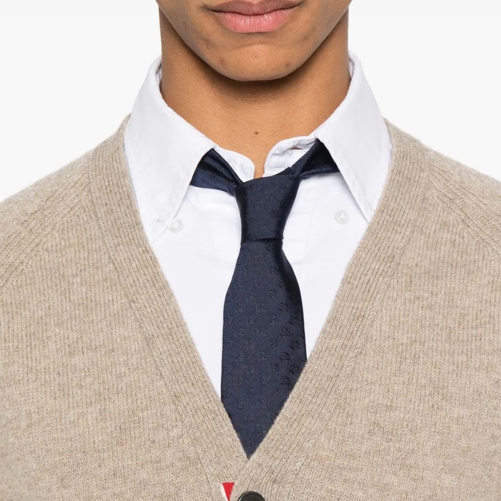 Thom Browne Shetland Wool 4-Bar Relaxed Fit V Neck Cardigan