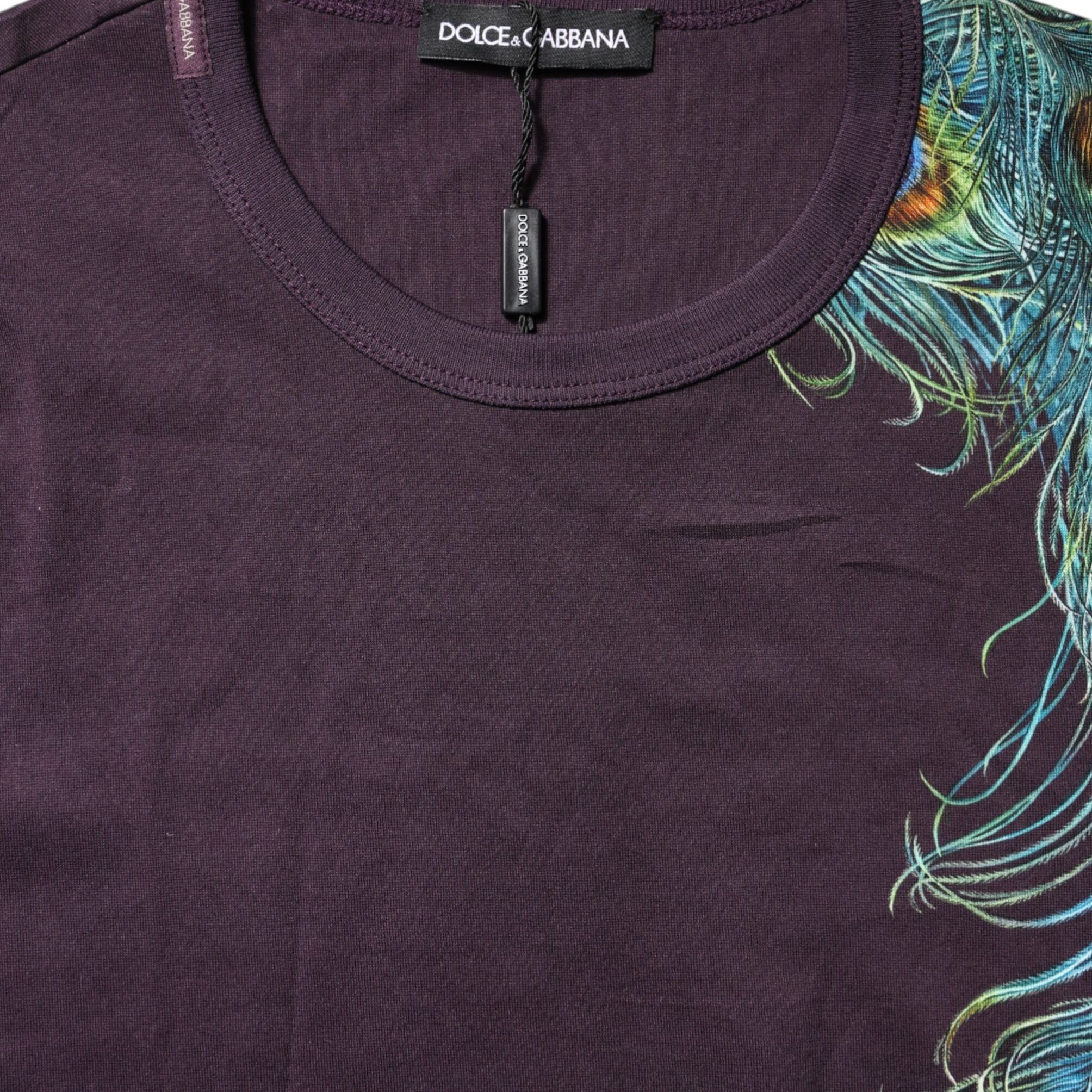 Dolce & Gabbana Violet Peacock Feather Men Crew Neck T-Shirt