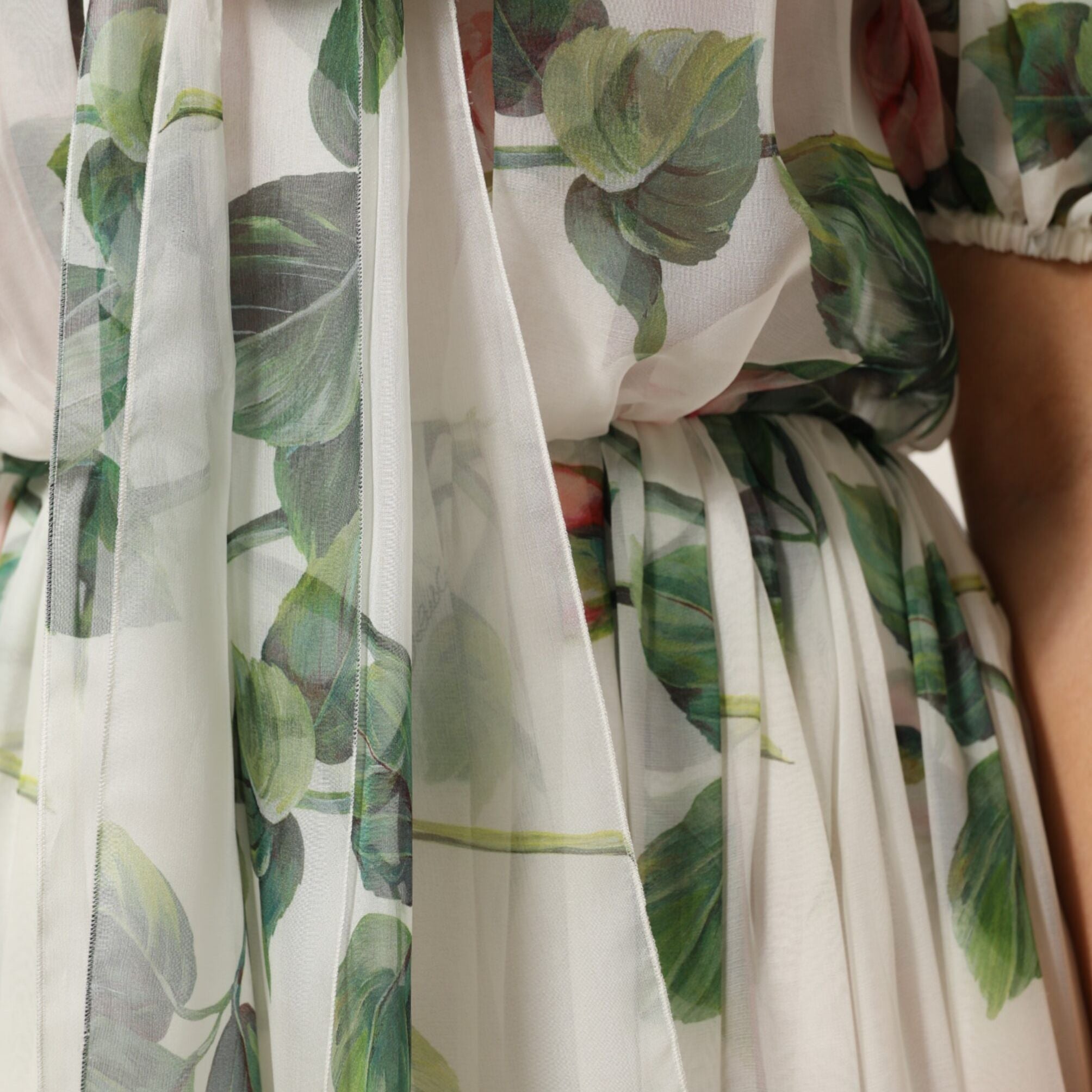 Dolce & Gabbana White Floral Print Silk Pleated Midi Dress