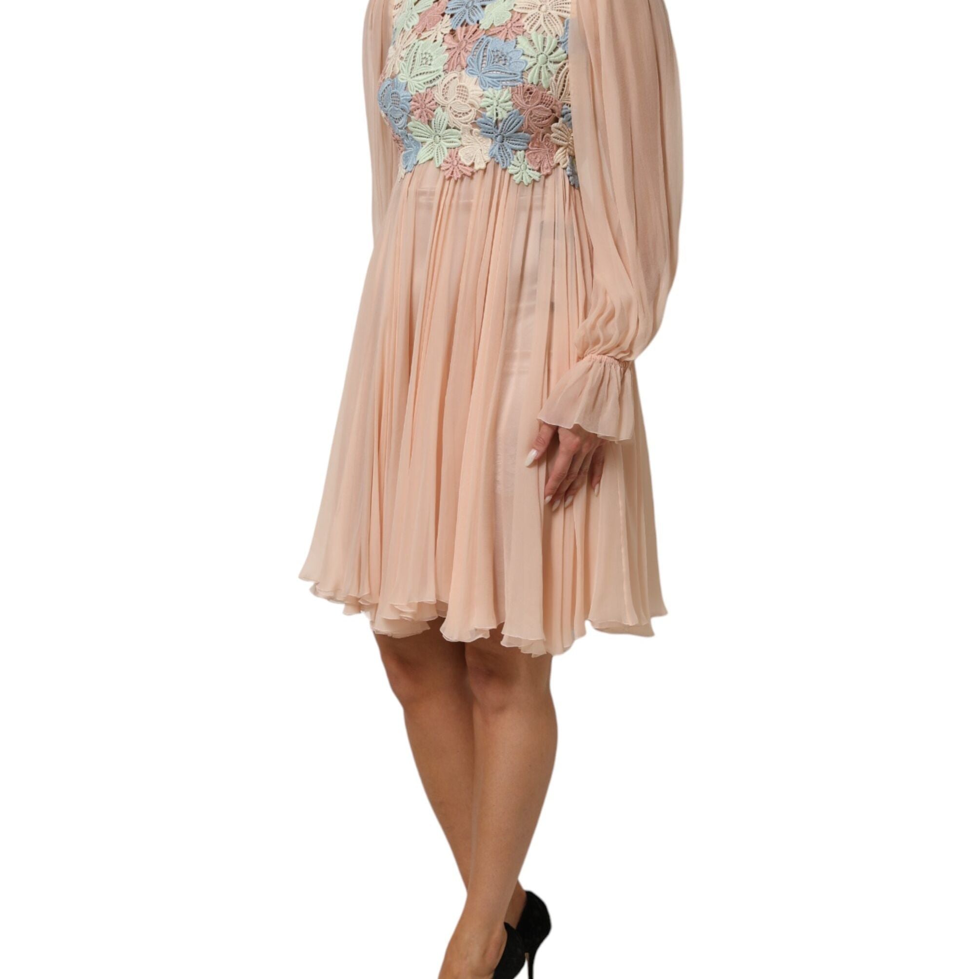 Dolce & Gabbana Pink Floral Embroidery Pleated A-line Dress