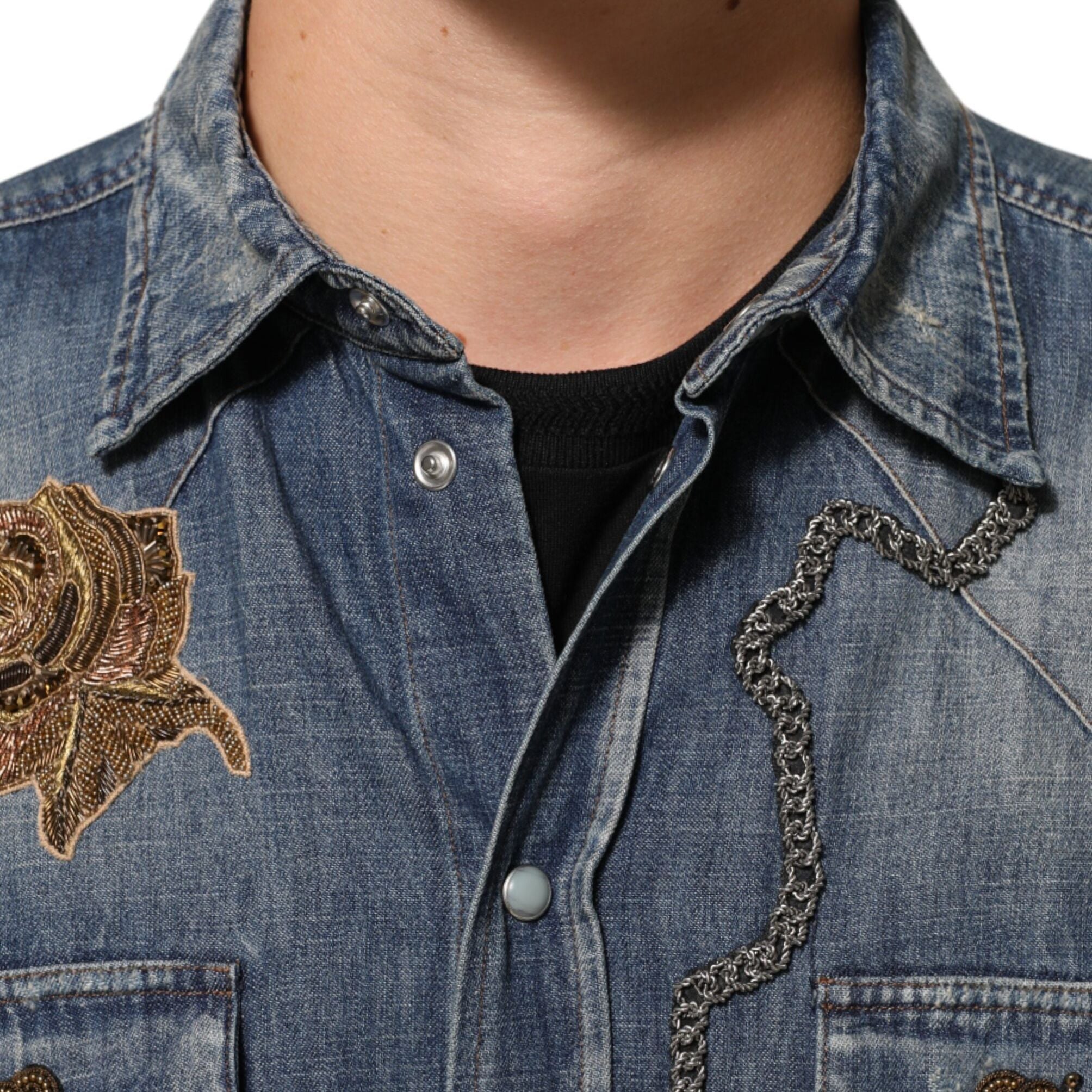 Dolce & Gabbana Blue Angel Patch Denim Buttoned Down Men Shirt