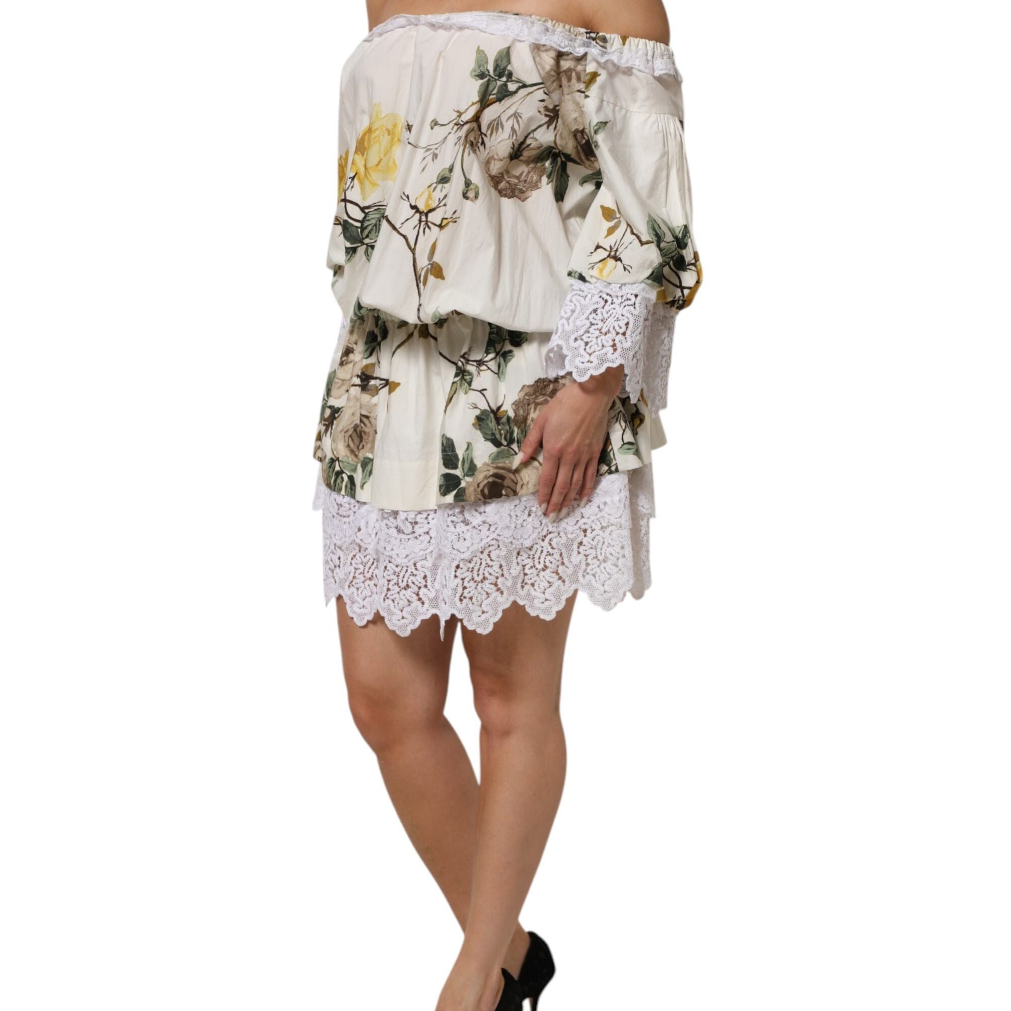 Dolce & Gabbana White Floral Lace Off Shoulder Mini Dress