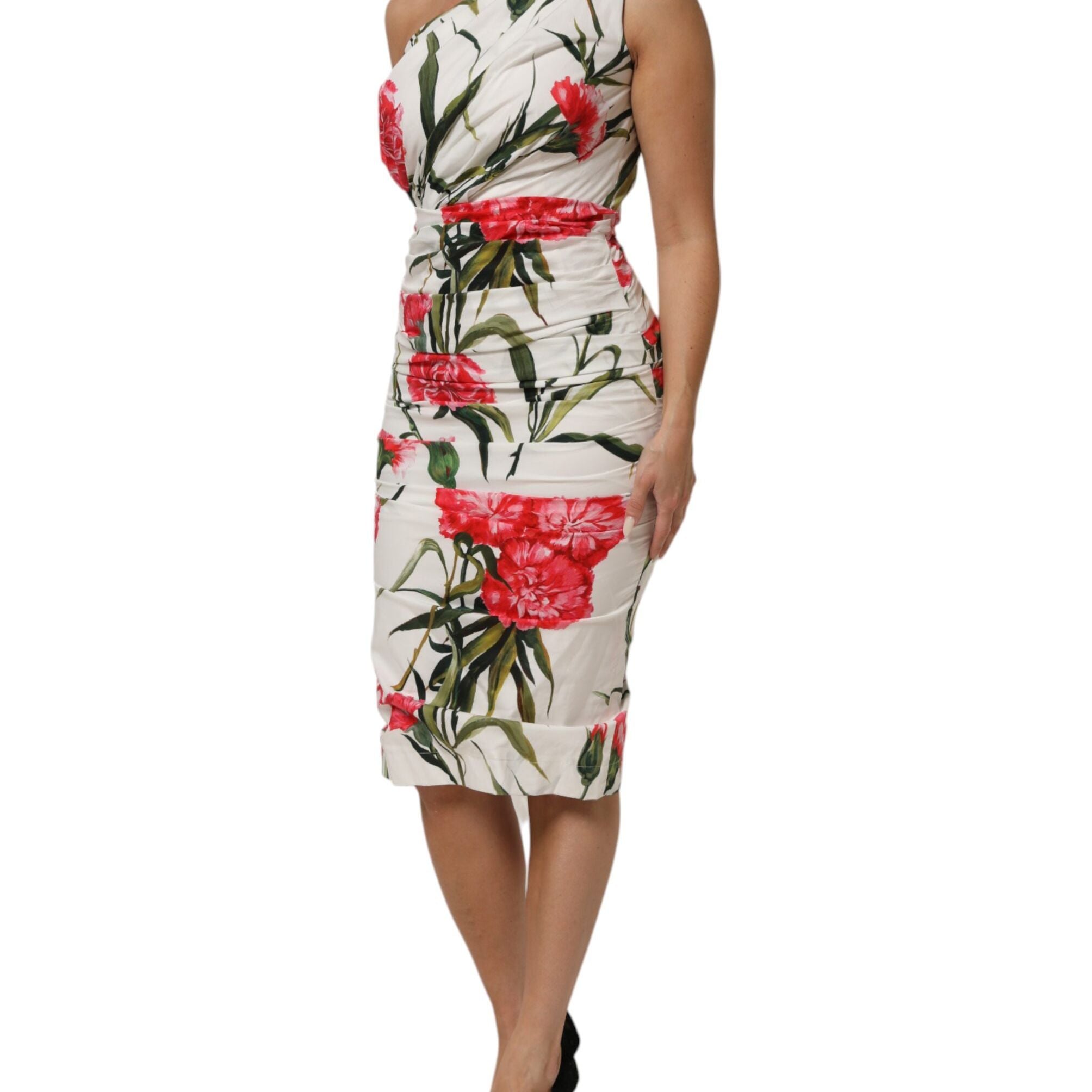 Dolce & Gabbana White Floral One Shoulder Sheath Dress
