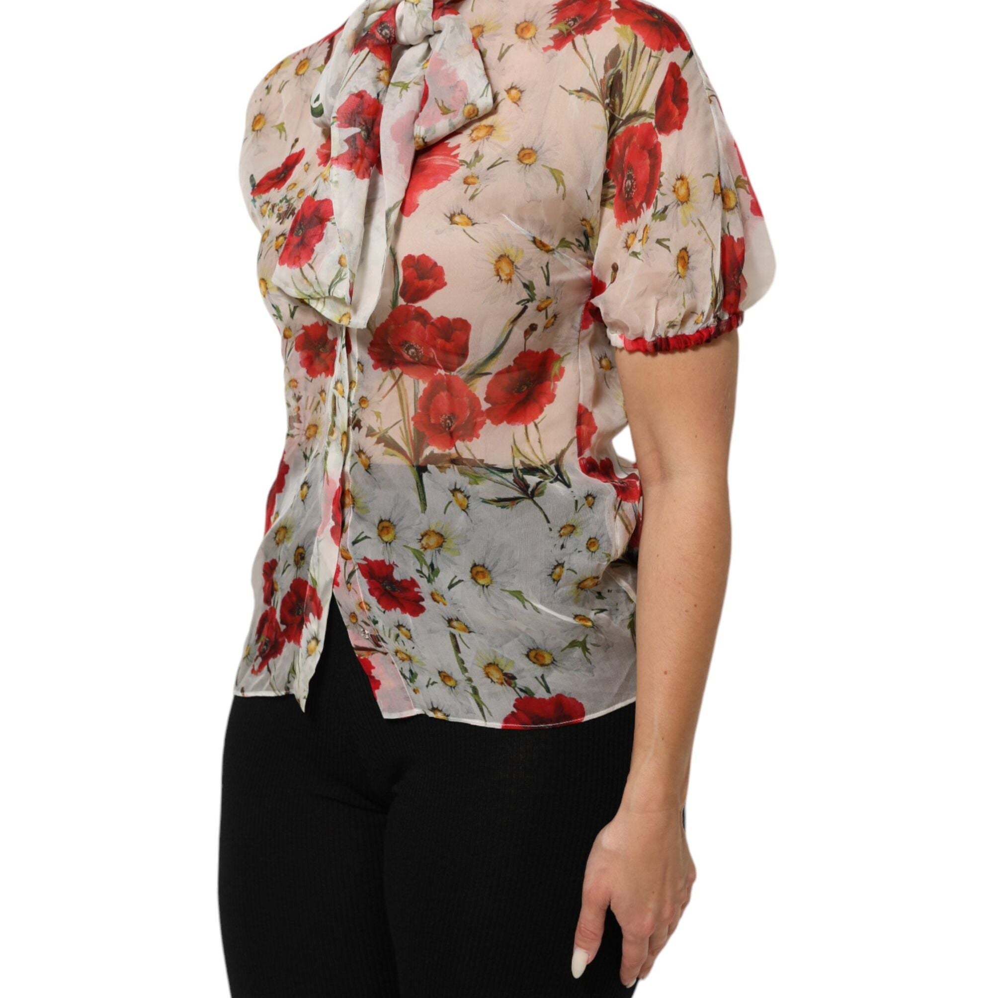 Dolce & Gabbana White Floral Tie-Neck Poppy Print Blouse Top